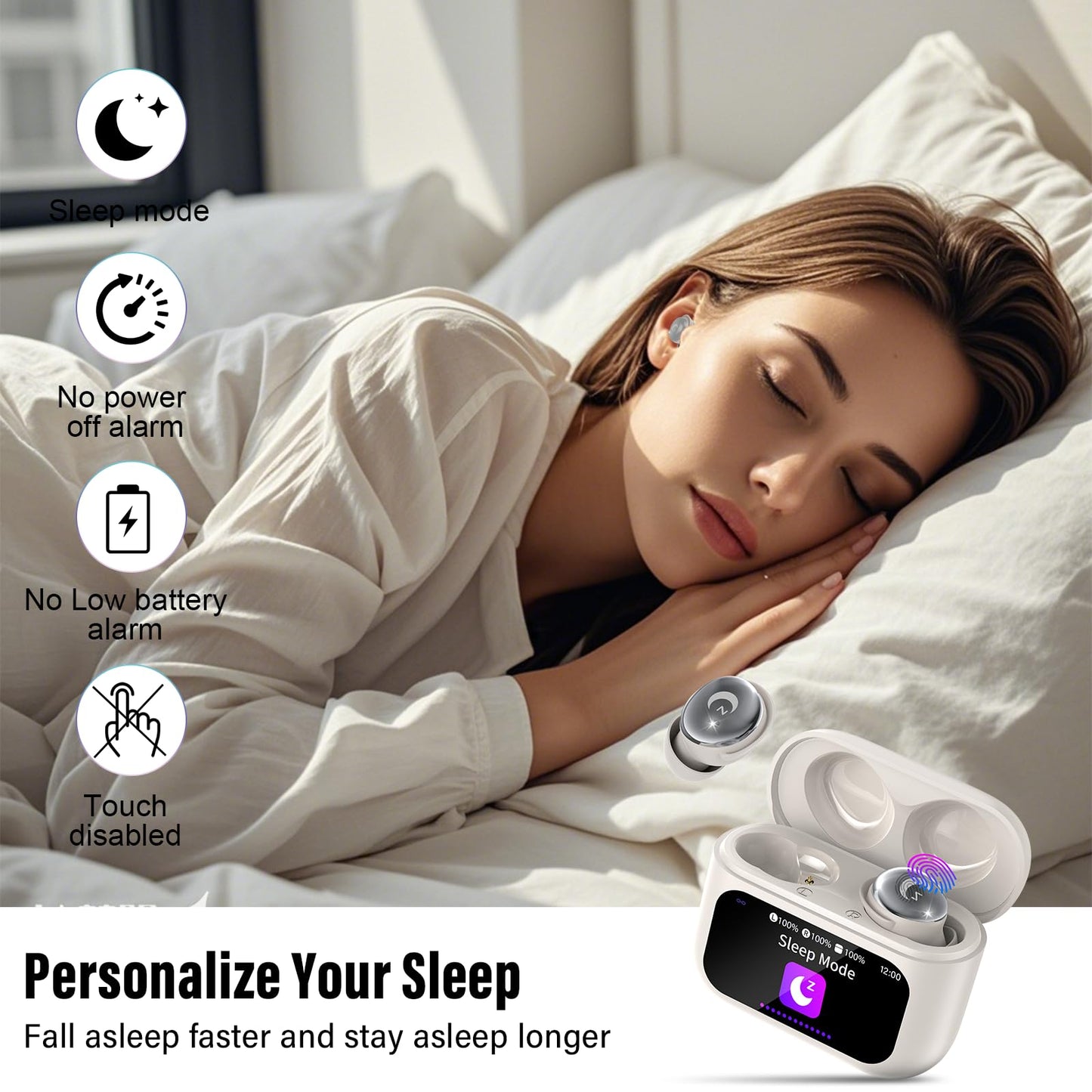 Sleep Earbuds (Bluetooth 5.4-Smart Touch Screen-48H Playtime-IPX7 Waterproof).