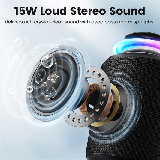 *Bluetooth Speaker Wireless,IP67 Waterproof & Dustproof Portable Speaker with Lights,15W Loud Stereo Sound, 2500mAh Battery All Day Playtime, TWS Pairing, BT5.3, Home/Party/Outdoor/Beach (Black)