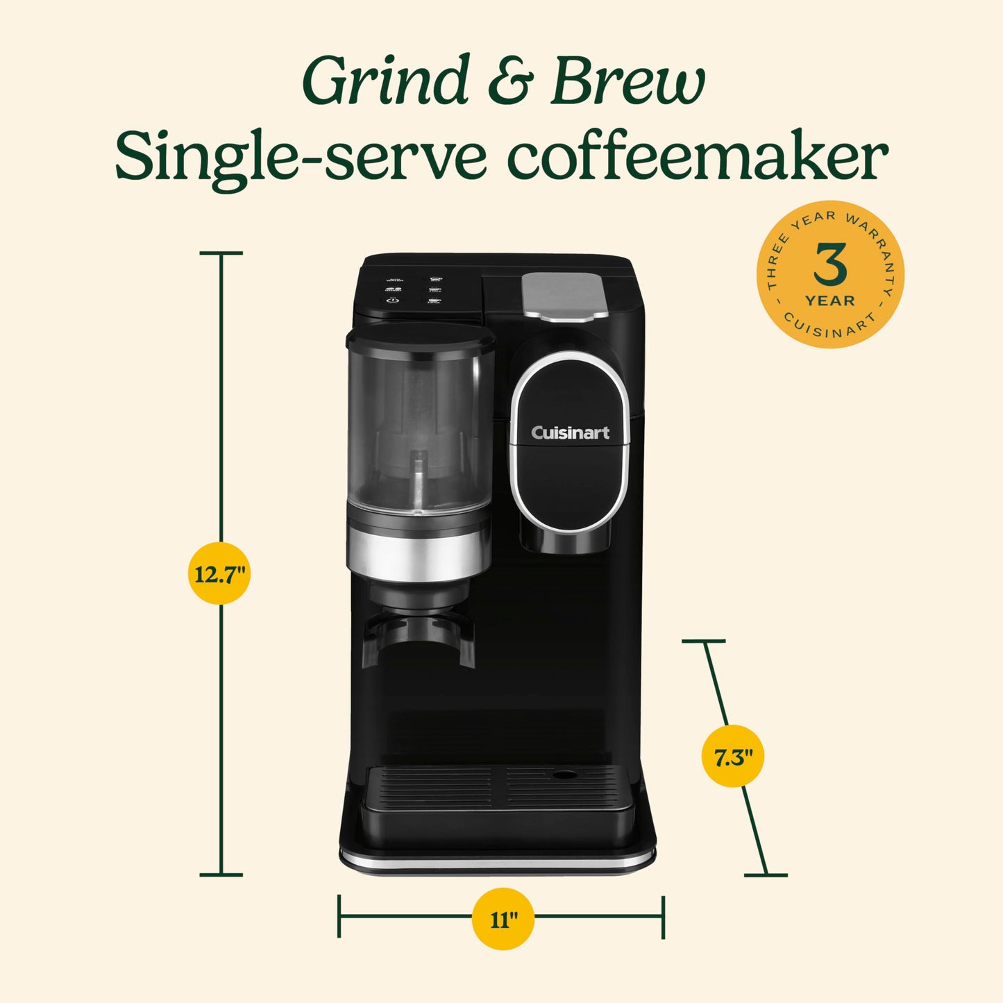 •Cuisinart Single-Serve Coffee Maker + Coffee Grinder with 8, 10, and 12 oz. Serving Size, Compatible with Single-Cup Pods, 48-Ounce Removable Reservoir, Stainless Steel, DGB-2SS