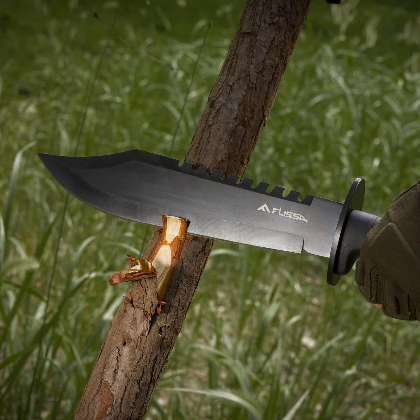 FLISSA Survival Hunting Knife with Sheath, 15-inch Full Tang Fixed Blade Tactical Bowie Knife with Sharpener & Fire Starter for Camping, Outdoor, Bushcraft