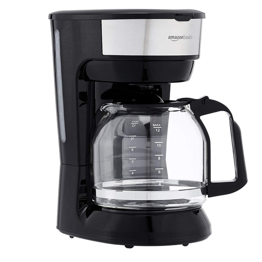•Amazon Basics 12 Cup Drip Coffee Maker, Coffee Machine with Glass Coffee Pot (1.9 Qt), Auto Shut-off, Auto Pause, Removable Filter Basket, Black & Silver
