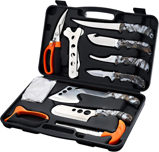 KNINE OUTDOORS HUNTING DEER KNIFE SET -FIELD DRESSING KIT -PORTABLE BUTCHER PROCESSOR SET -12 PIECES
