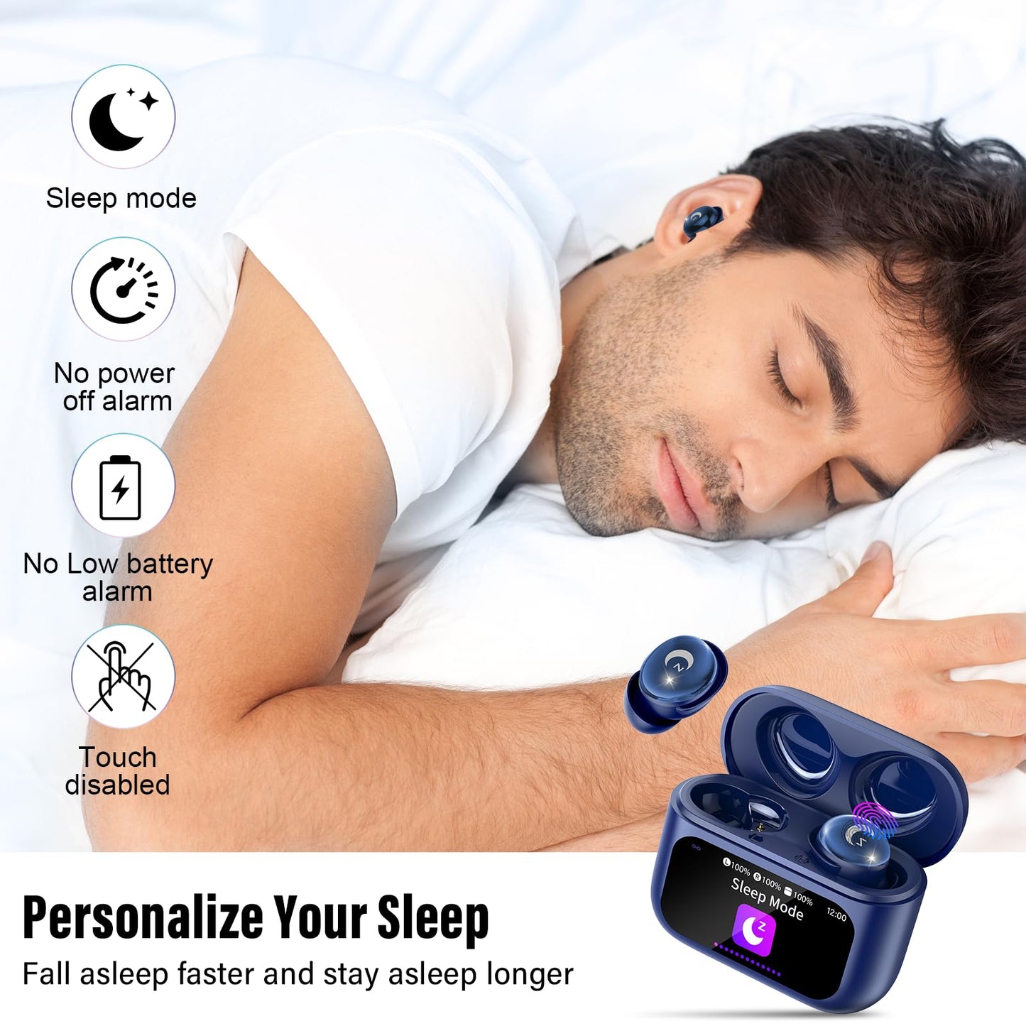 Sleep Earbuds (Bluetooth 5.4-Smart Touch Screen-48H Playtime-IPX7 Waterproof).