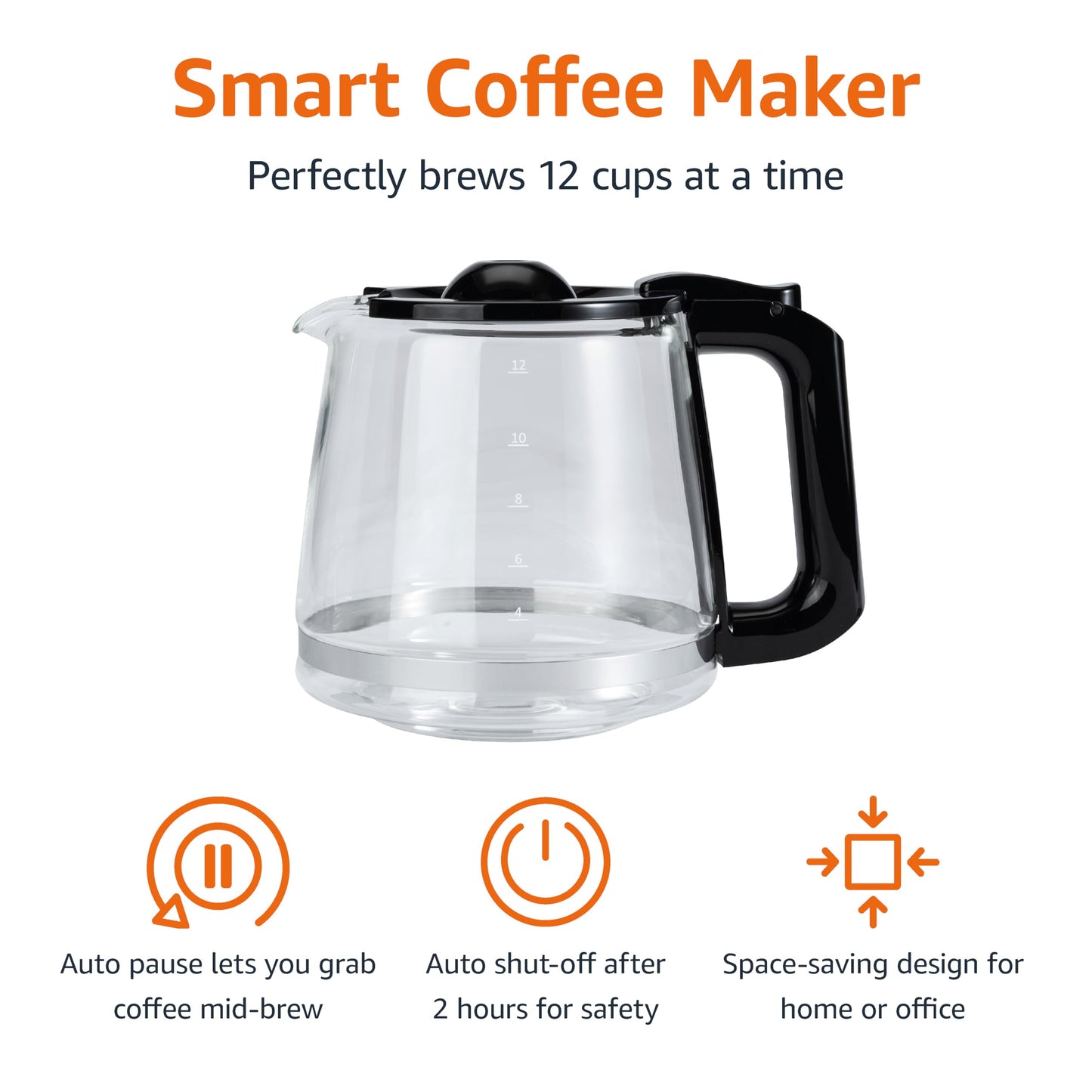 •Amazon Basics 12 Cup Drip Coffee Maker, Coffee Machine with Glass Coffee Pot (1.9 Qt), Auto Shut-off, Auto Pause, Removable Filter Basket, Black & Silver