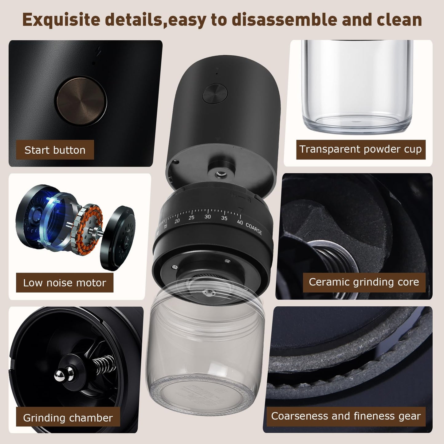 •Portable Electric Burr Coffee Grinder with 40 Adjustable Settings, Conical burr coffee grinder, Coffee Bean Grinding Machine with Conical Burr Coffee Grinder 1800mAh Rechargeable for Travel, Home