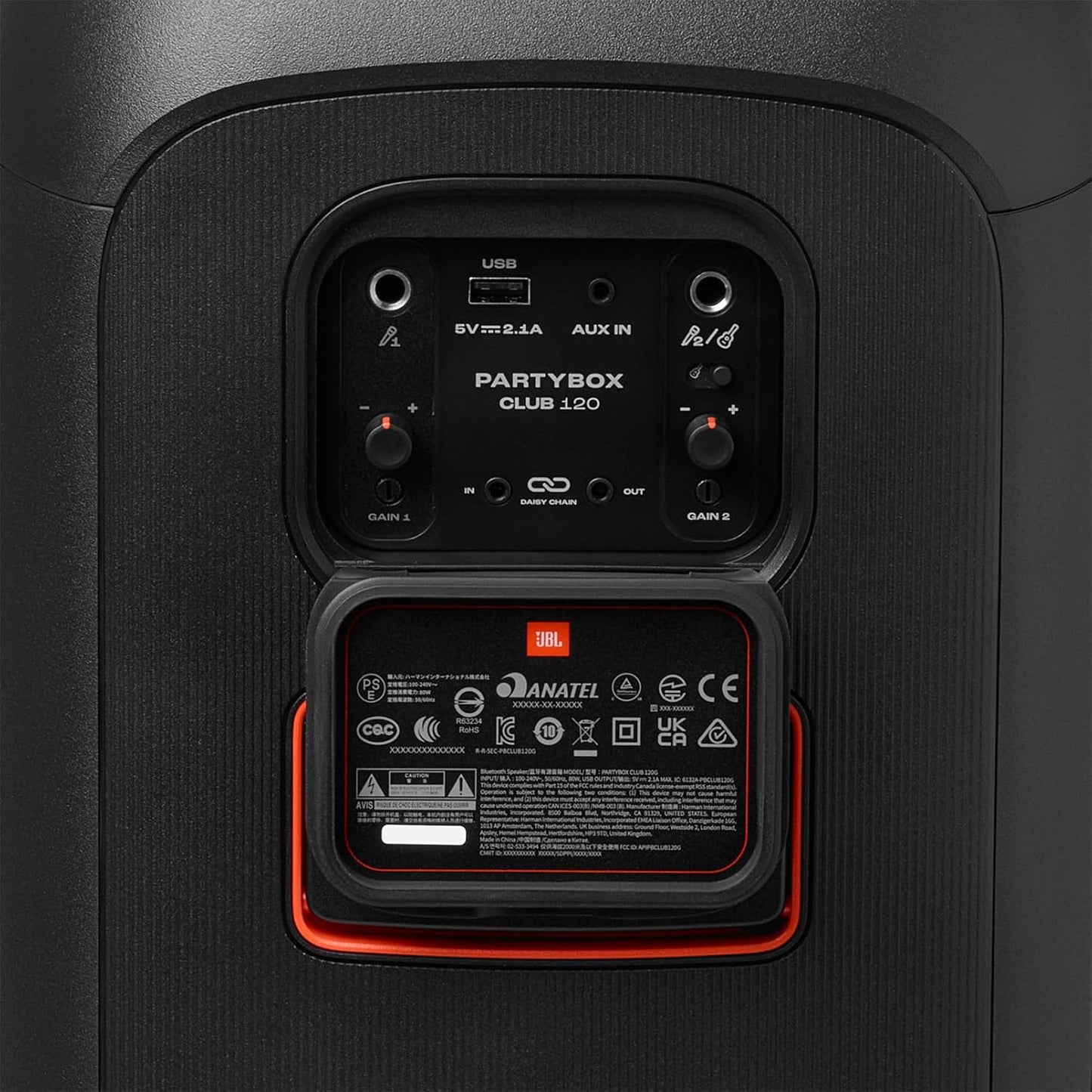 JBL PartyBox Club 120 - Portable Party Speaker with Foldable Handle, Powerful JBL Pro Sound, Futuristic lightshow, Up to 12 Hours of Play time, Splash Proof, Dual Mic & Guitar Inputs (Black)