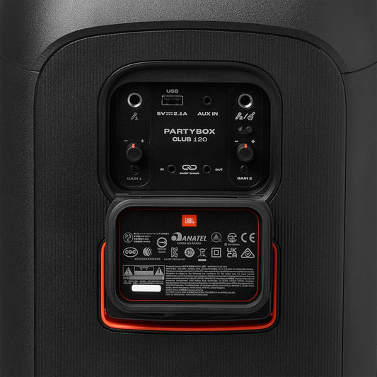 JBL PartyBox Club 120 - Portable Party Speaker with Foldable Handle, Powerful JBL Pro Sound, Futuristic lightshow, Up to 12 Hours of Play time, Splash Proof, Dual Mic & Guitar Inputs (Black)