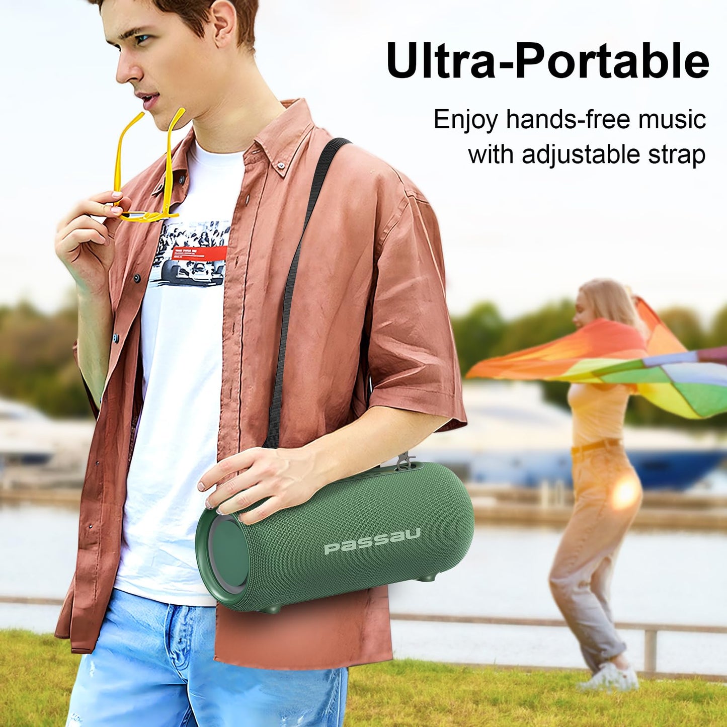 *Passau Portable Bluetooth Speakers 40W Peak Loud Stereo Sound, Passive Radiators-Deep Bass, All Day Playtime, Adjustable Strap, BT5.3, IPX5 Wireless Speaker RGB Lights for Indoor Outdoor-Green》