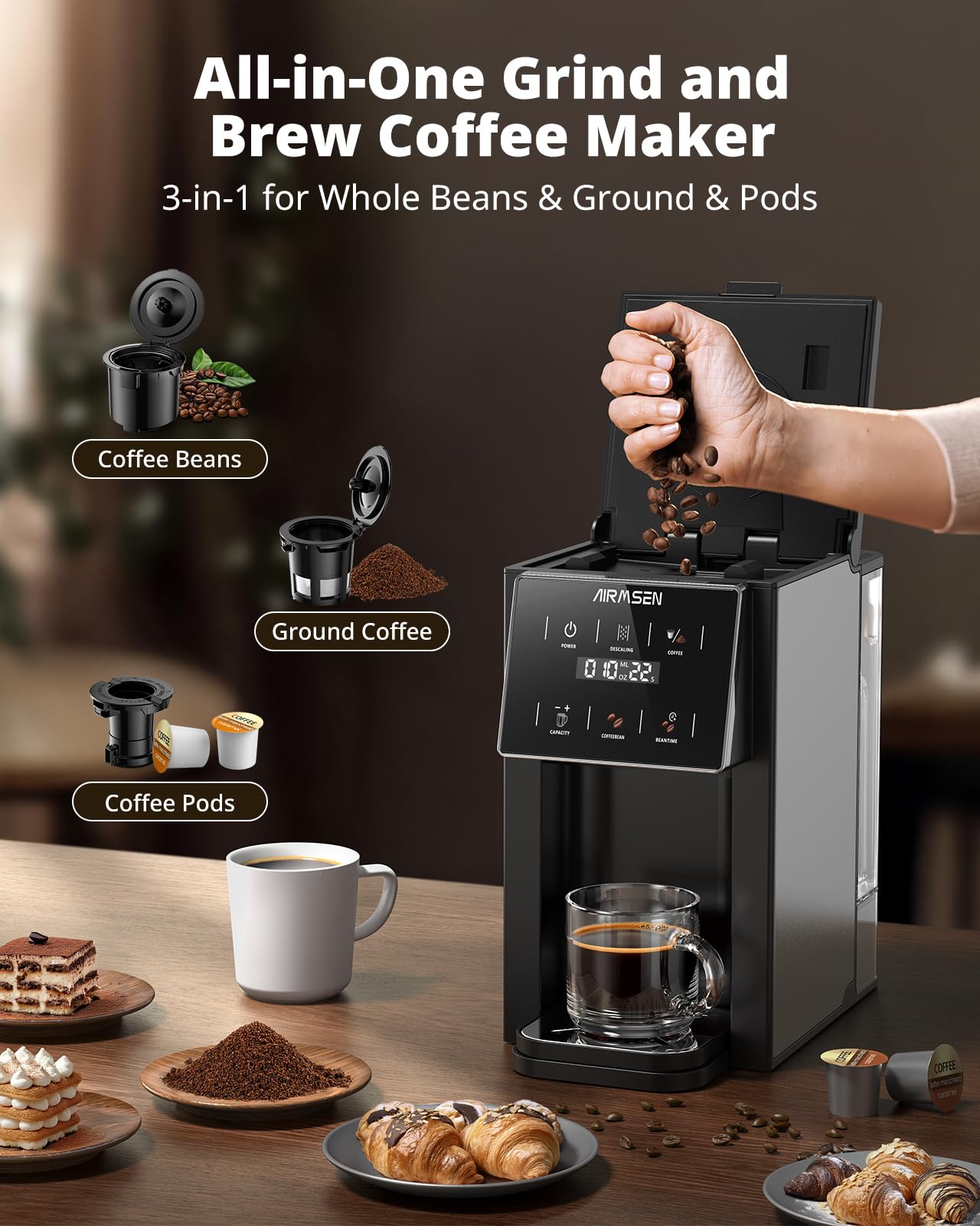 •AIRMSEN Grind & Brew Coffee Maker with Grinder - Single Serve Machine Compatible with K-Cup Pods & Ground, 1000W Fast 6-14oz Brewer, Descaling Alert, Touchscreen & 50oz Removable Tank