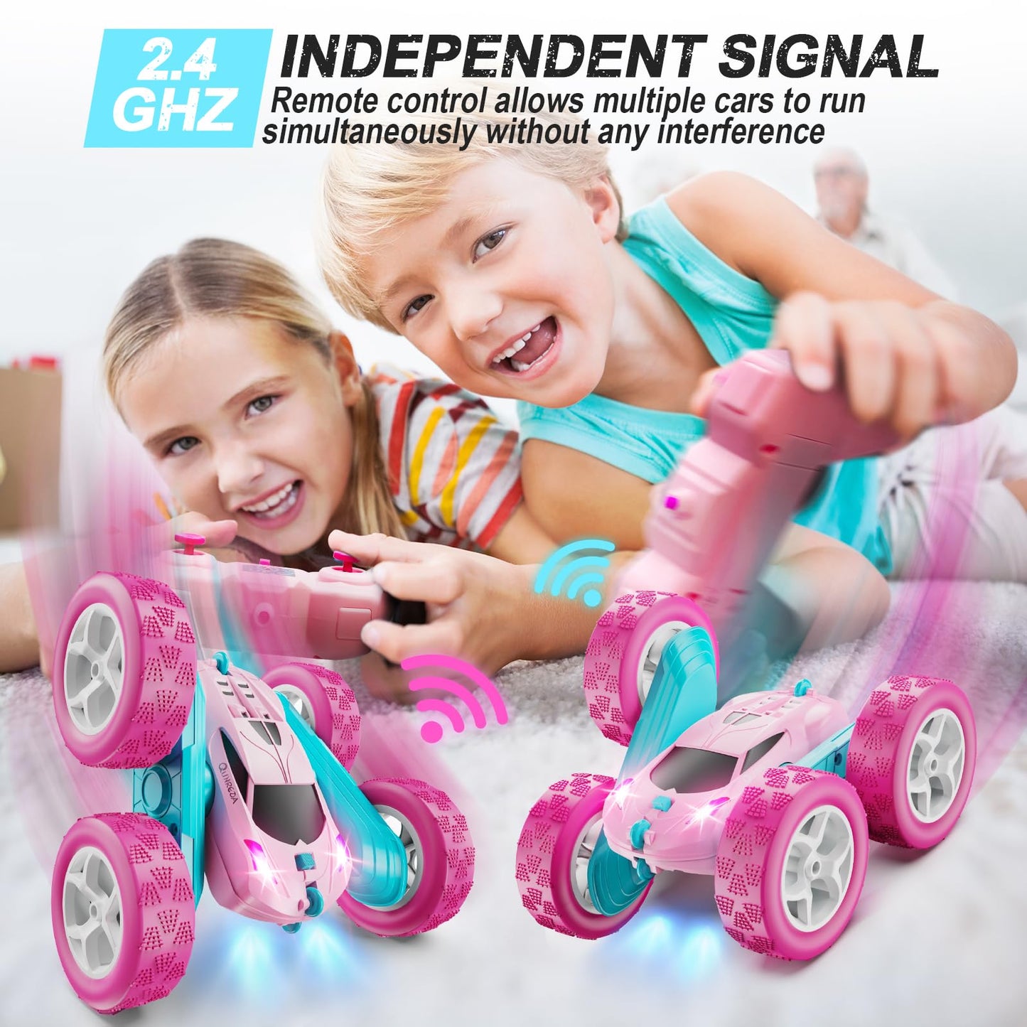 Remote Control-4WD Stunt Car with LED Lights & 360° Flips-2.4GHz-Upgraded USB-C Modular Batteries