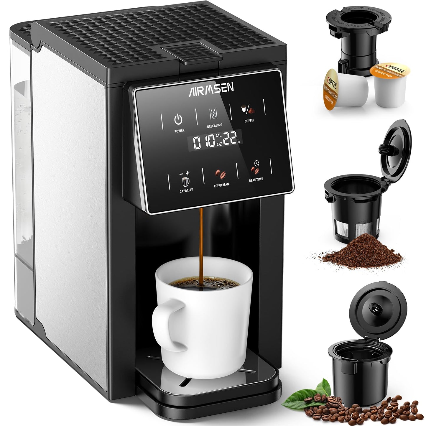 •AIRMSEN Grind & Brew Coffee Maker with Grinder - Single Serve Machine Compatible with K-Cup Pods & Ground, 1000W Fast 6-14oz Brewer, Descaling Alert, Touchscreen & 50oz Removable Tank