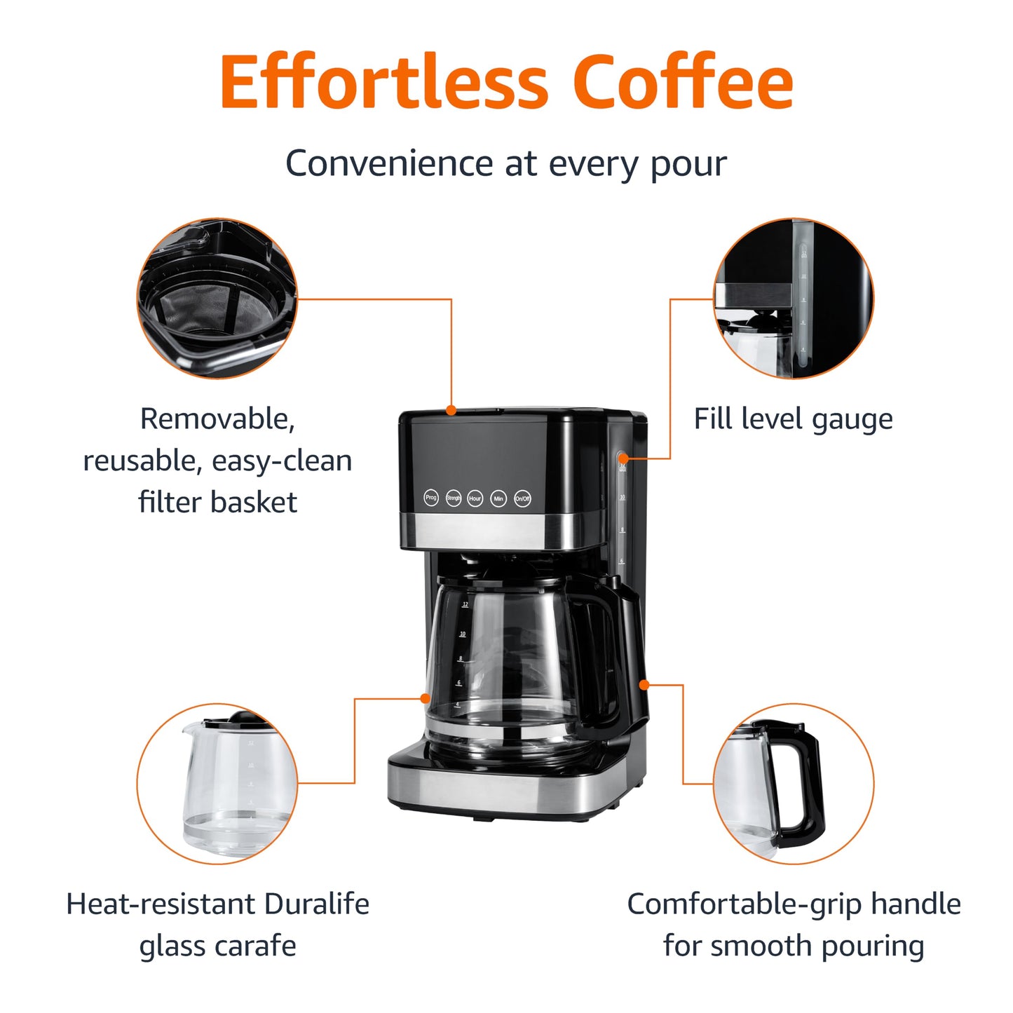 •Amazon Basics 12 Cup Drip Coffee Maker, Coffee Machine with Glass Coffee Pot (1.9 Qt), Auto Shut-off, Auto Pause, Removable Filter Basket, Black & Silver