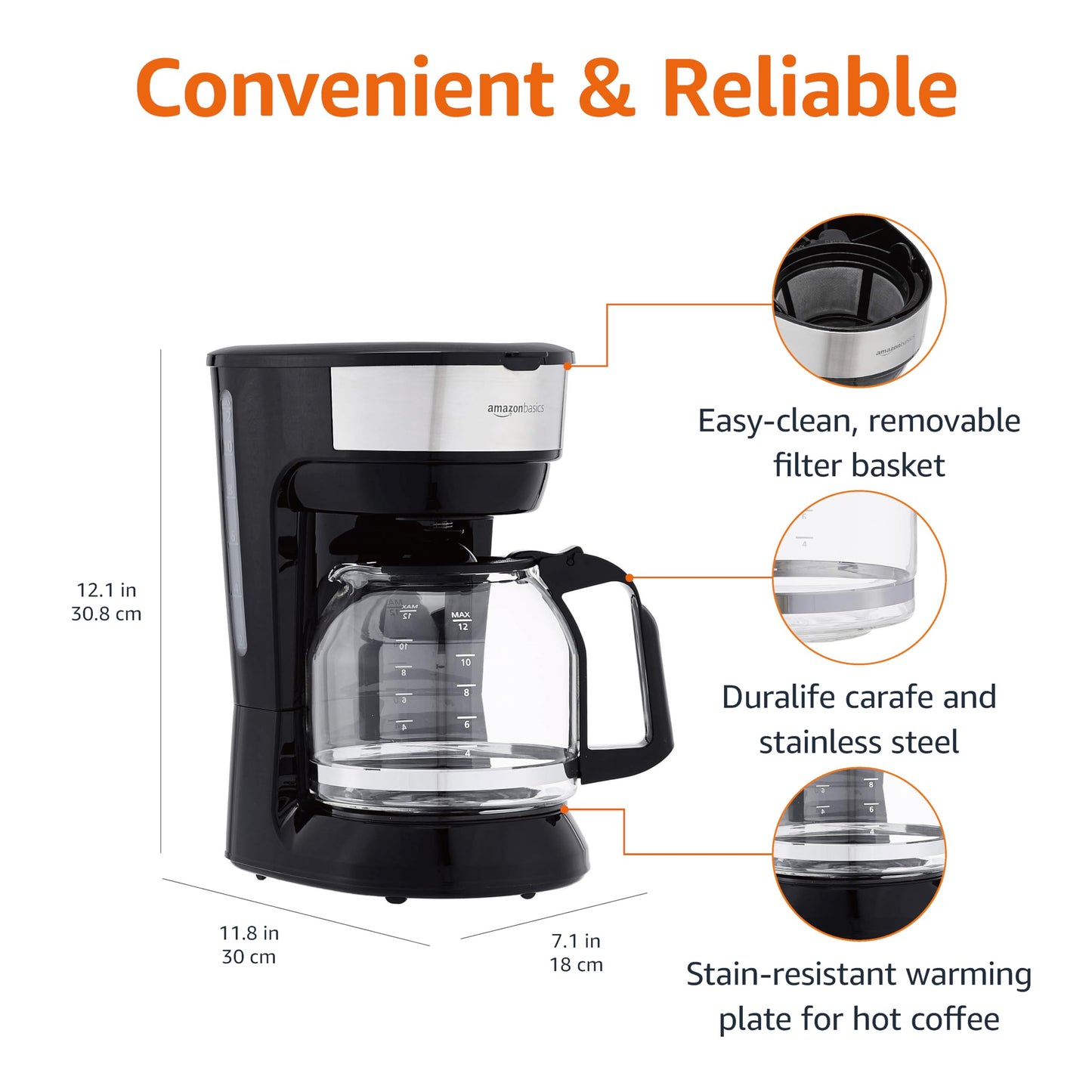 •Amazon Basics 12 Cup Drip Coffee Maker, Coffee Machine with Glass Coffee Pot (1.9 Qt), Auto Shut-off, Auto Pause, Removable Filter Basket, Black & Silver