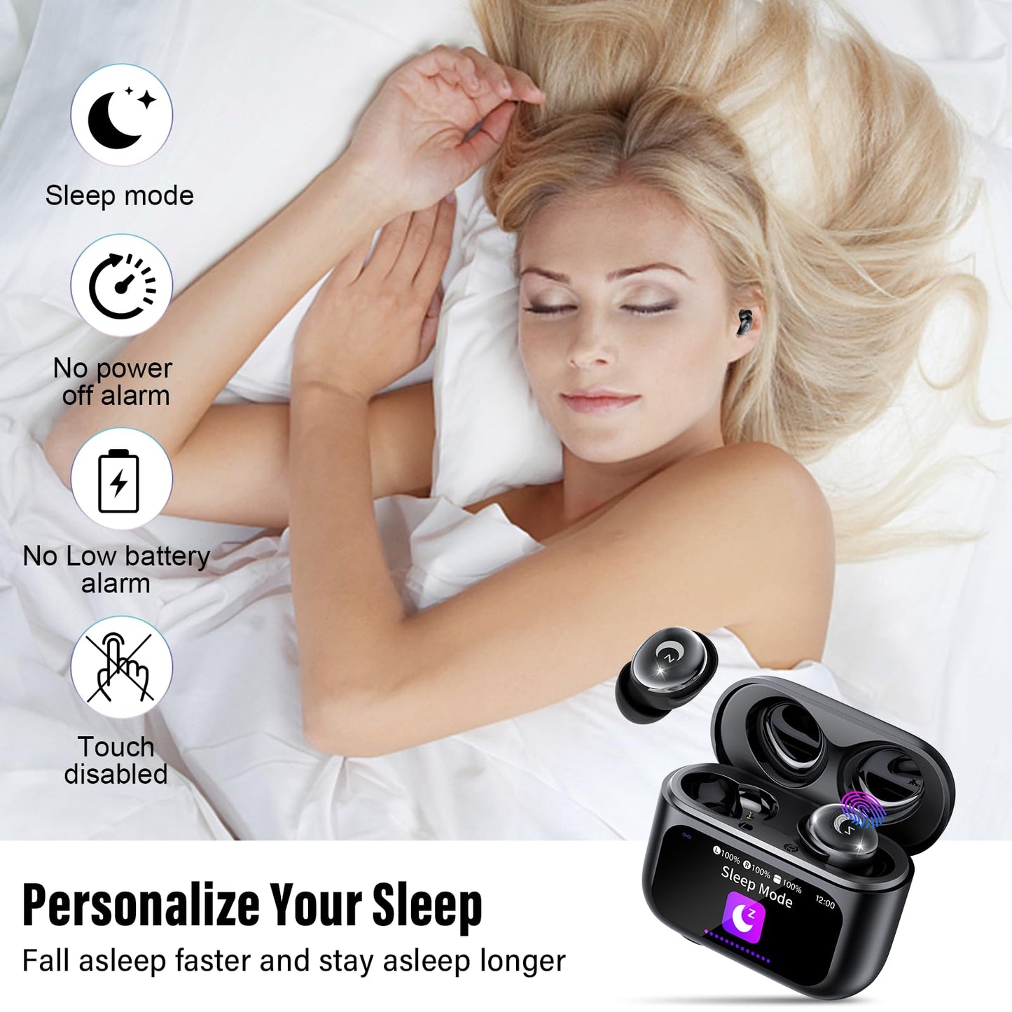 Sleep Earbuds (Bluetooth 5.4-Smart Touch Screen-48H Playtime-IPX7 Waterproof).