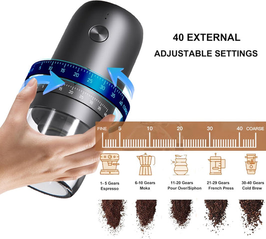 •Portable Battery Powered Burr Coffee Grinder with 40 Adjustable Settings and 35g Capacity, 1800mAh Rechargeable Coffee Bean Grinder with Conical Ceramic Burr for Travel, Camping, Office, Espresso etc