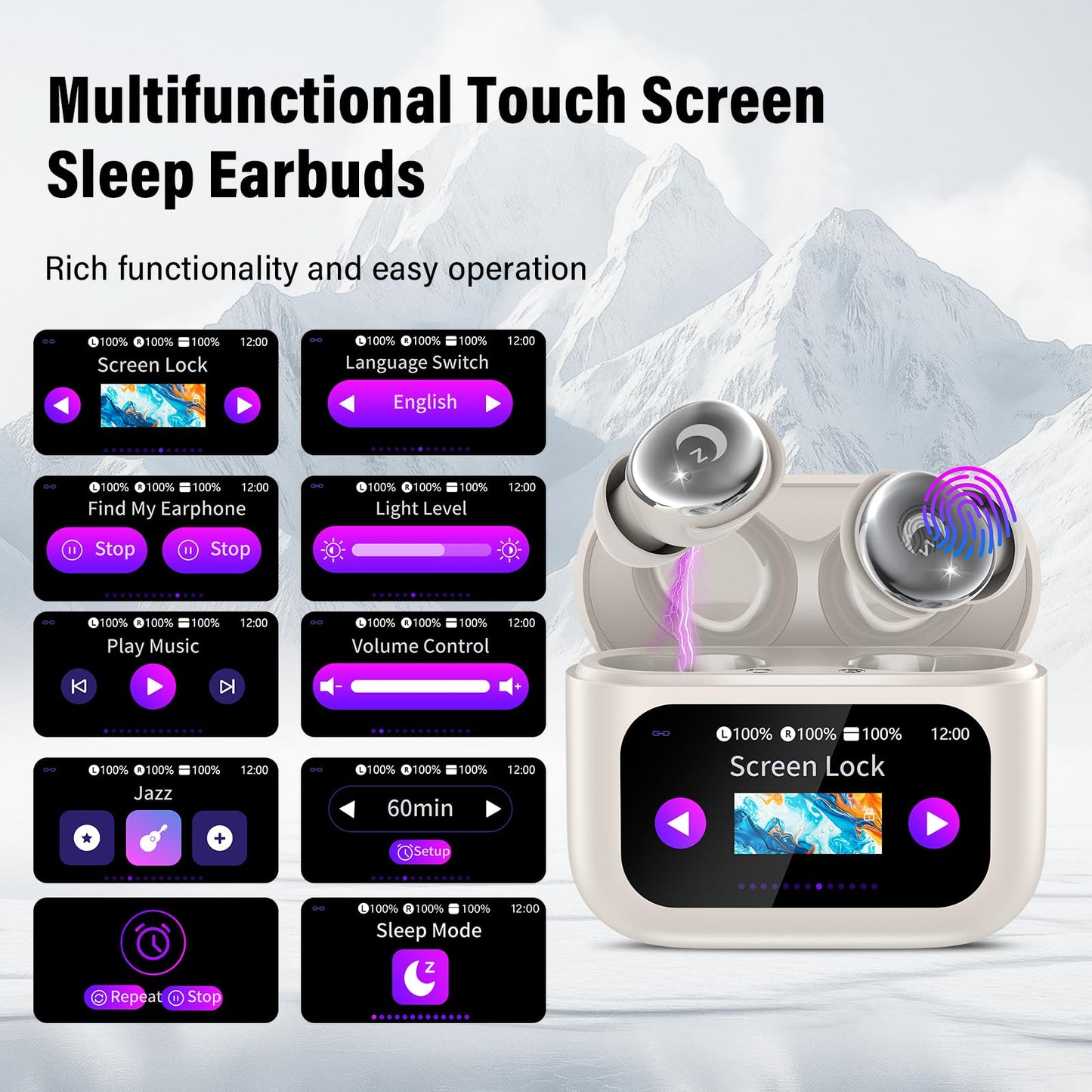 Sleep Earbuds (Bluetooth 5.4-Smart Touch Screen-48H Playtime-IPX7 Waterproof).