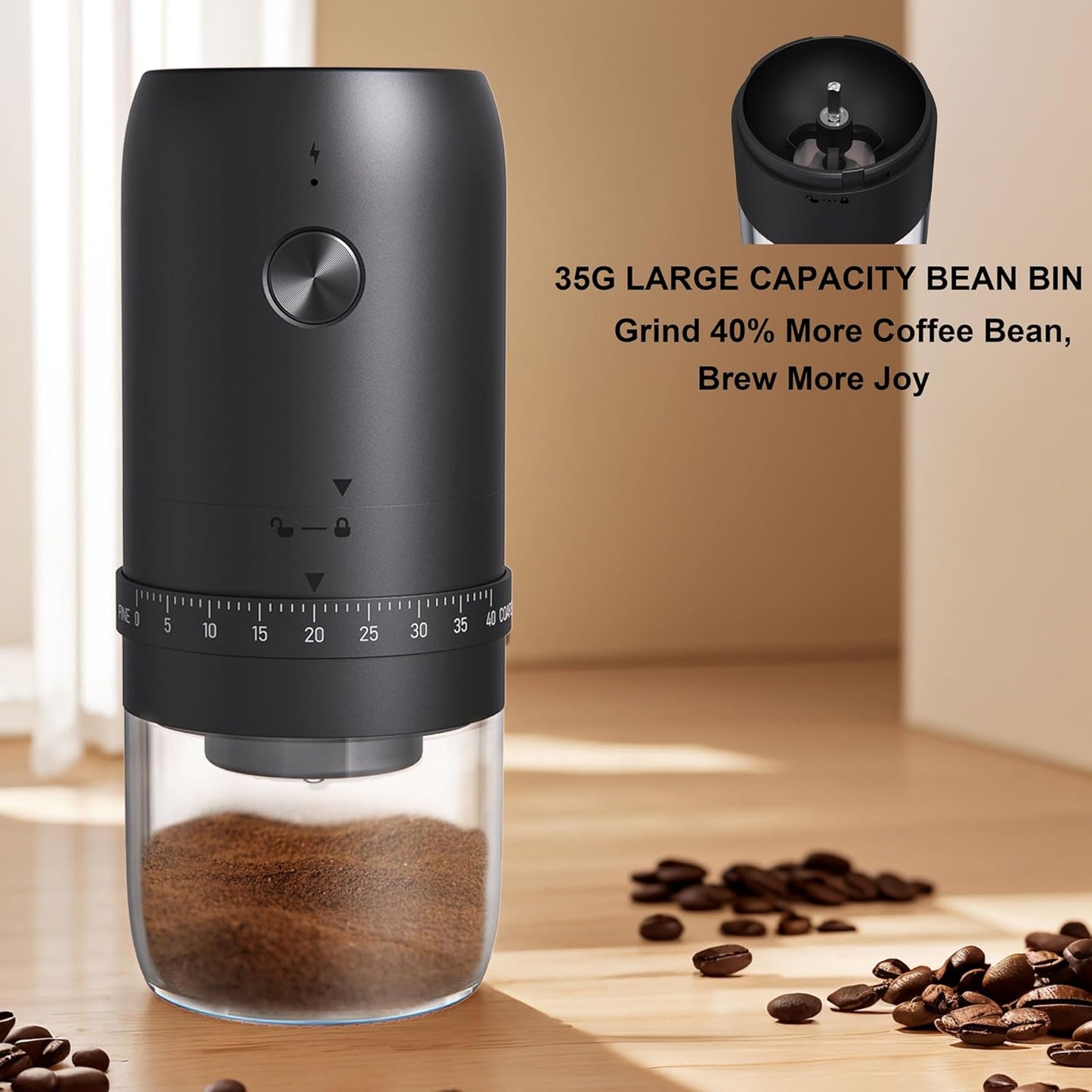 •Portable Battery Powered Burr Coffee Grinder with 40 Adjustable Settings and 35g Capacity, 1800mAh Rechargeable Coffee Bean Grinder with Conical Ceramic Burr for Travel, Camping, Office, Espresso etc