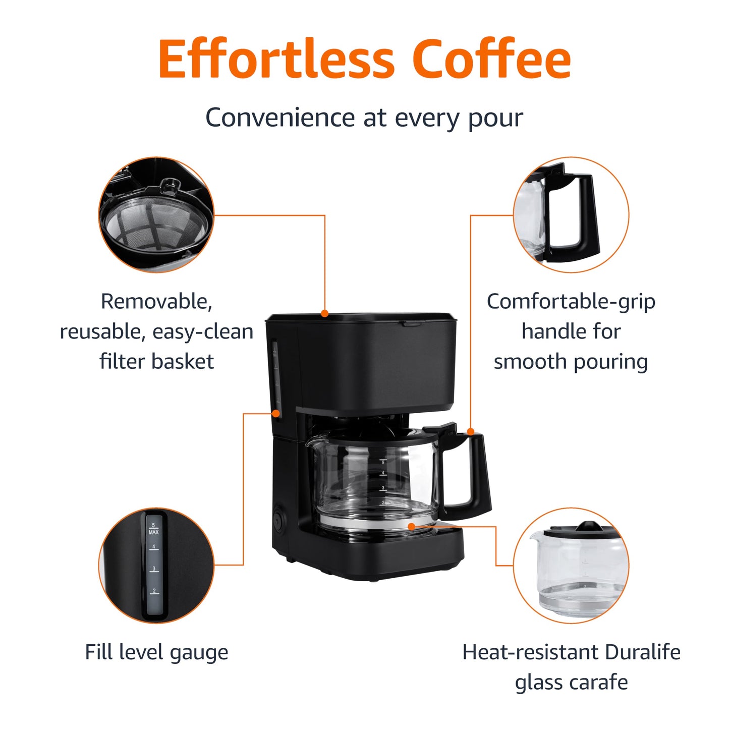 •Amazon Basics 12 Cup Drip Coffee Maker, Coffee Machine with Glass Coffee Pot (1.9 Qt), Auto Shut-off, Auto Pause, Removable Filter Basket, Black & Silver