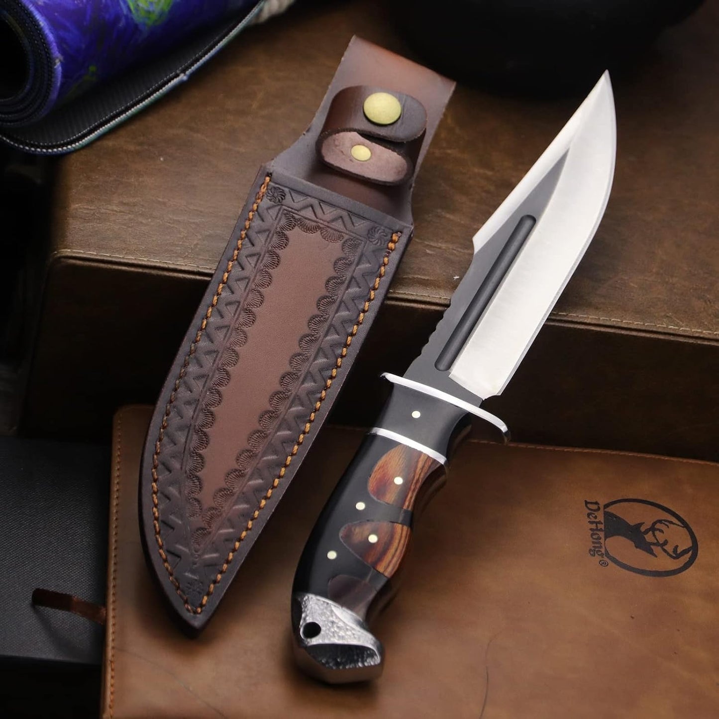 DeHong-88 Hunting Knife, 7.1" (about 18 cm) Fixed Blade Tactical knife ，Configure leather scabbard,Camping, survival， Slicing, Boning, Gift Collection