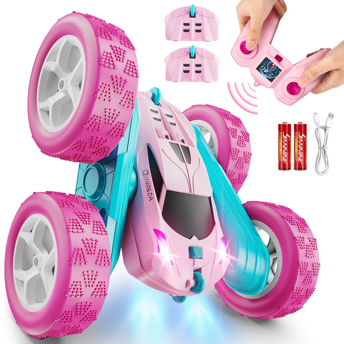 Remote Control-4WD Stunt Car with LED Lights & 360° Flips-2.4GHz-Upgraded USB-C Modular Batteries