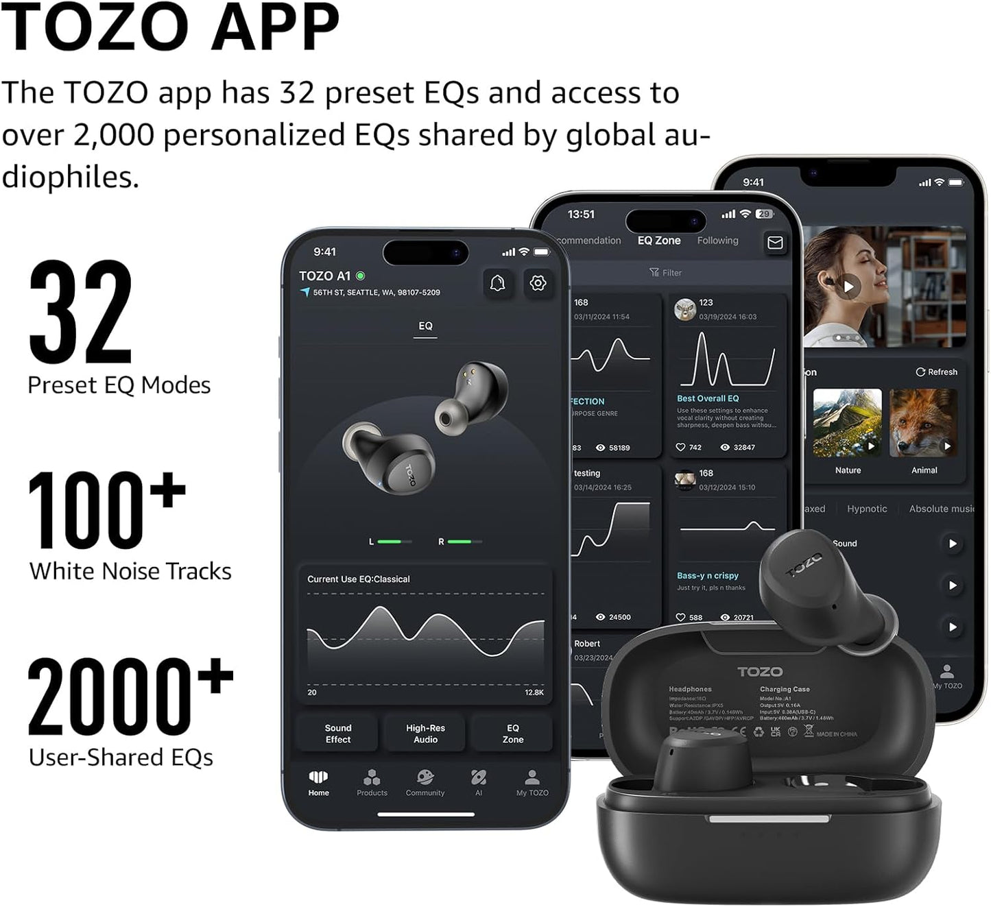TOZO A1 Wireless Earbuds Bluetooth 5.3 Light Weight in Ear IPX5 Waterproof Headphones 2 Mic for AI Calls, Immersive Premium Sound Bass Headset with Charging Case, 32 Presets EQ Customization via App