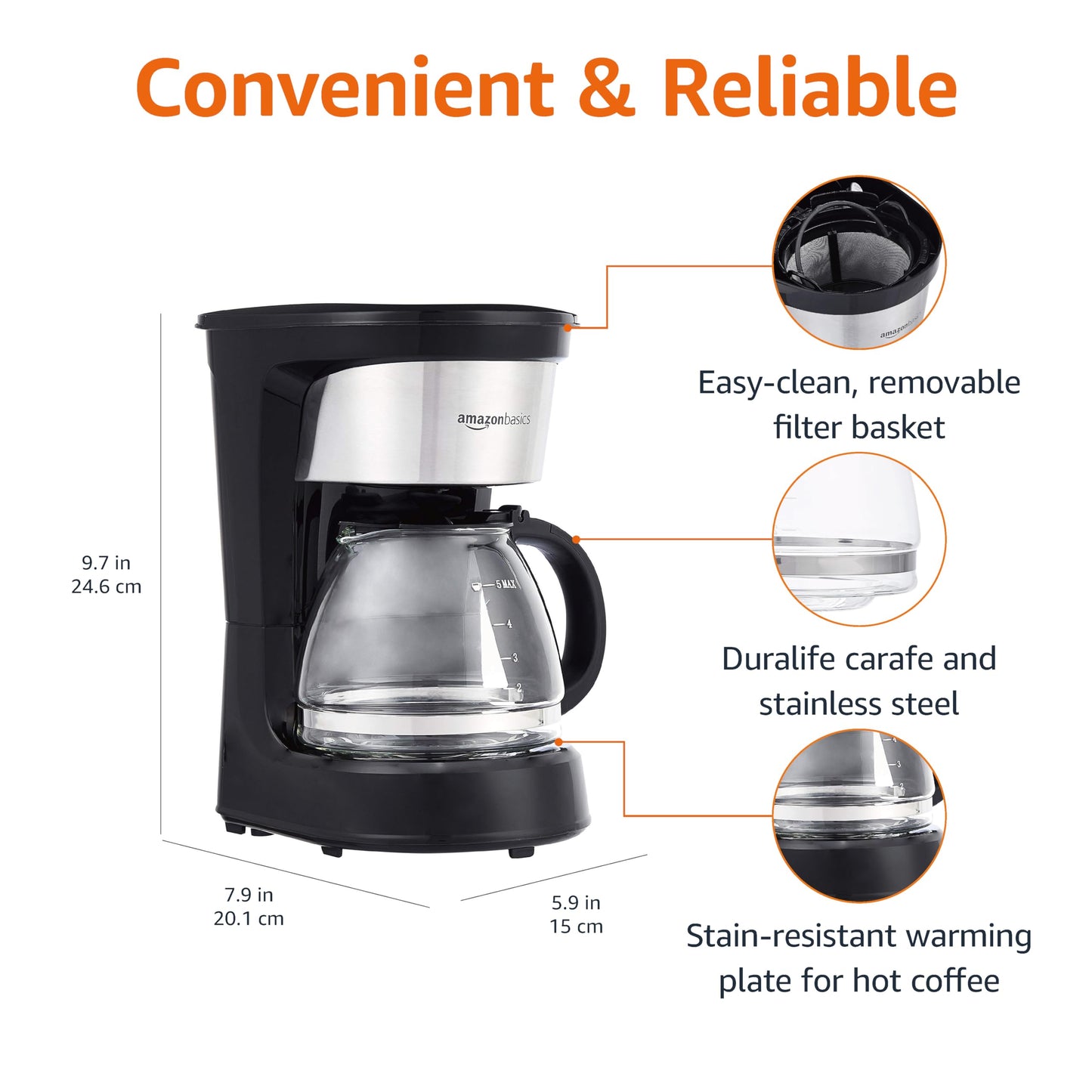 •Amazon Basics 12 Cup Drip Coffee Maker, Coffee Machine with Glass Coffee Pot (1.9 Qt), Auto Shut-off, Auto Pause, Removable Filter Basket, Black & Silver