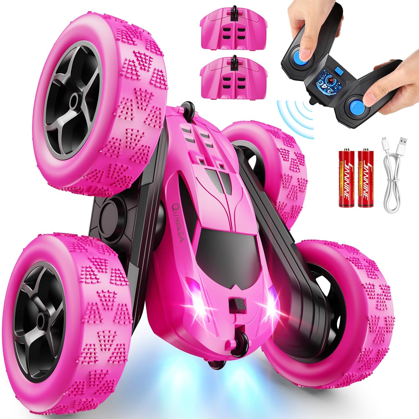Remote Control-4WD Stunt Car with LED Lights & 360° Flips-2.4GHz-Upgraded USB-C Modular Batteries