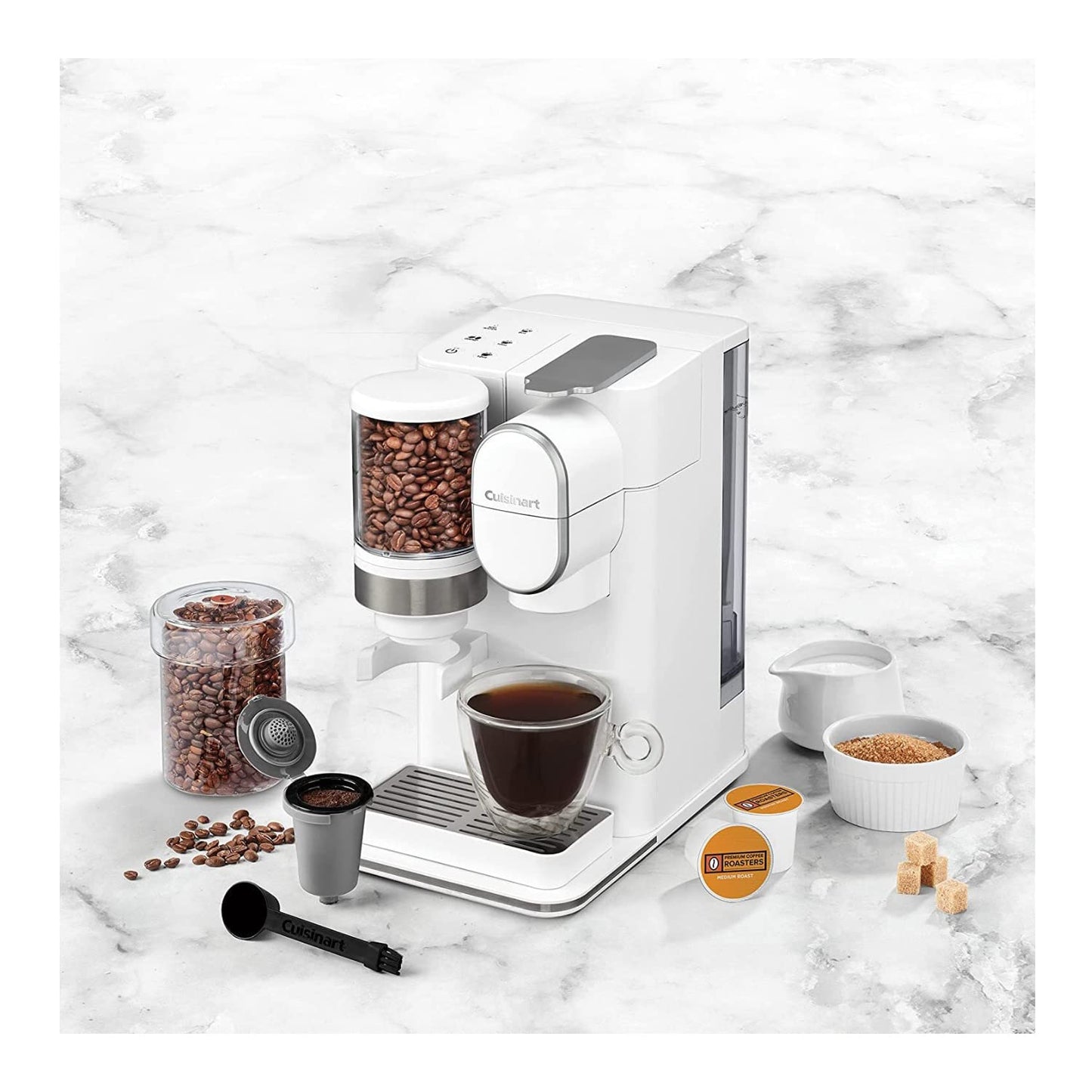 •Cuisinart Single-Serve Coffee Maker + Coffee Grinder with 8, 10, and 12 oz. Serving Size, Compatible with Single-Cup Pods, 48-Ounce Removable Reservoir, Stainless Steel, DGB-2SS