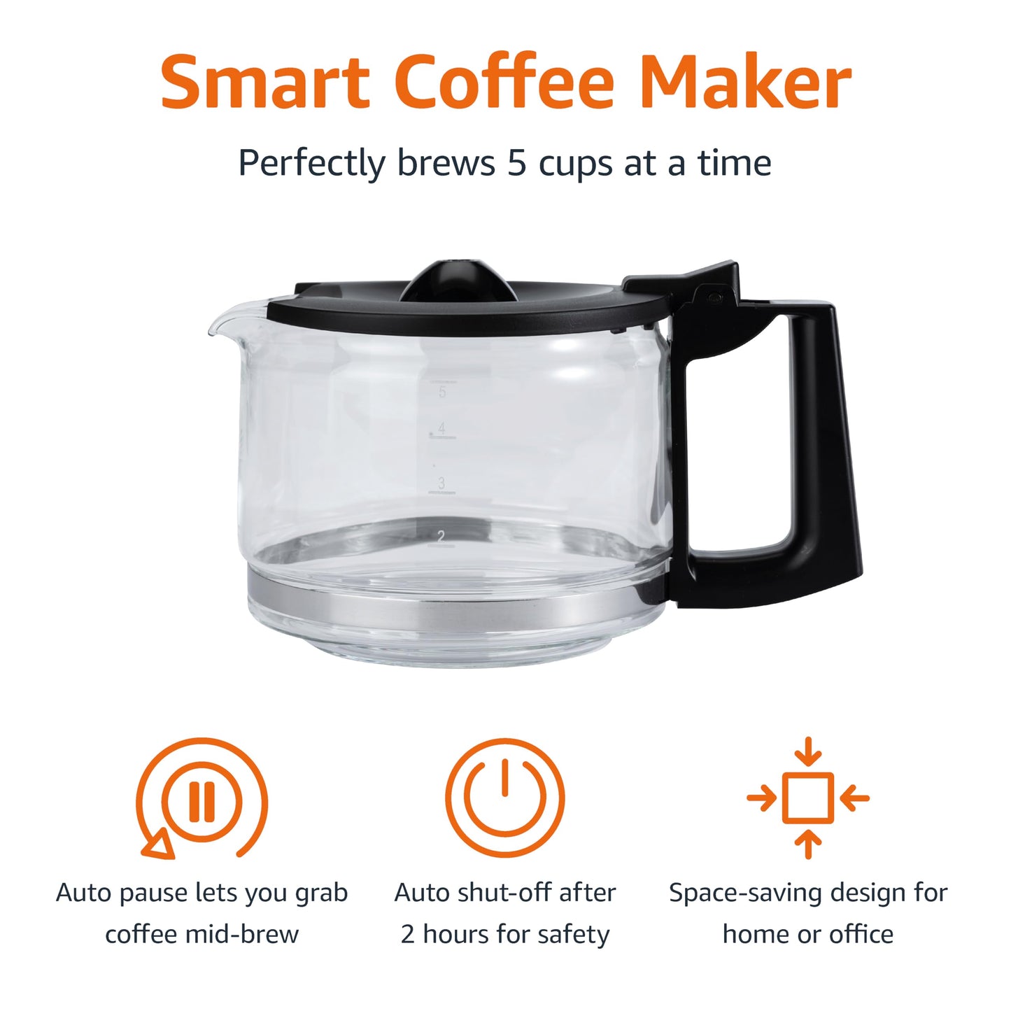 •Amazon Basics 12 Cup Drip Coffee Maker, Coffee Machine with Glass Coffee Pot (1.9 Qt), Auto Shut-off, Auto Pause, Removable Filter Basket, Black & Silver