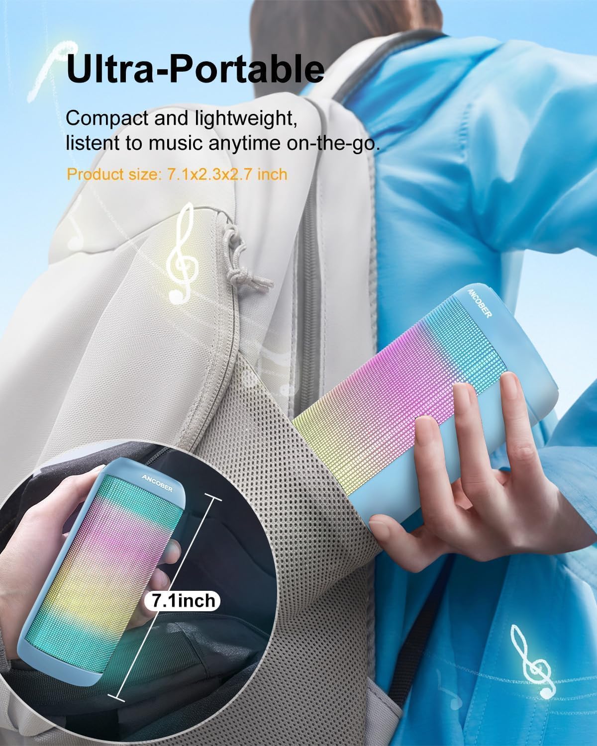 *Bluetooth Speaker with Cool Lights Stocking Stuffers for Men Women Teens Boys Girls, Portable Wireless, IPX4 Waterproof, White Elephant Gifts for Adults, HD Sound, TWS Pair, for Home/Party/Outdoor