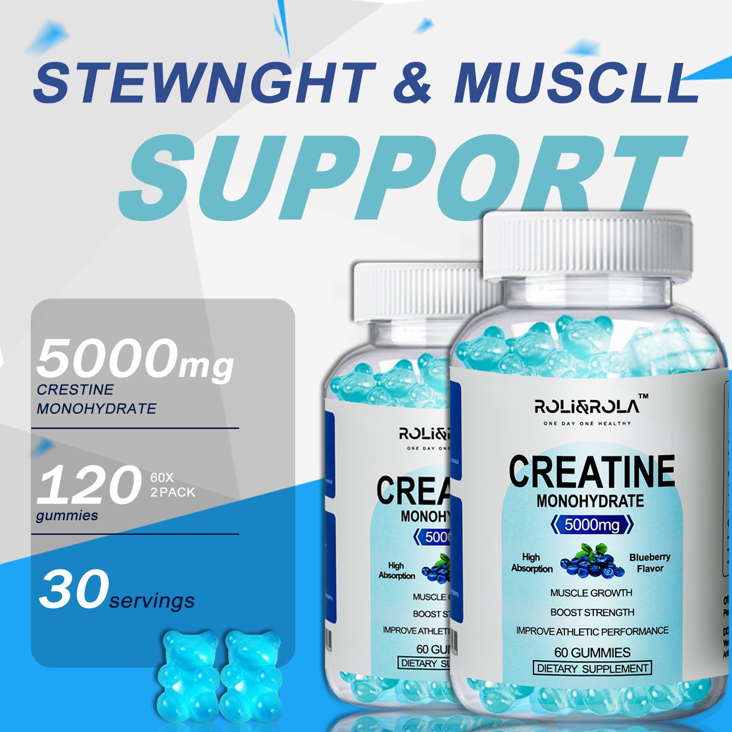 High Strength Creatine Monohydrate Gummies, Blueberry Flavored Creatine Gummies Monohydrate - 60 Gummies X 2 Bottles - PryTheory