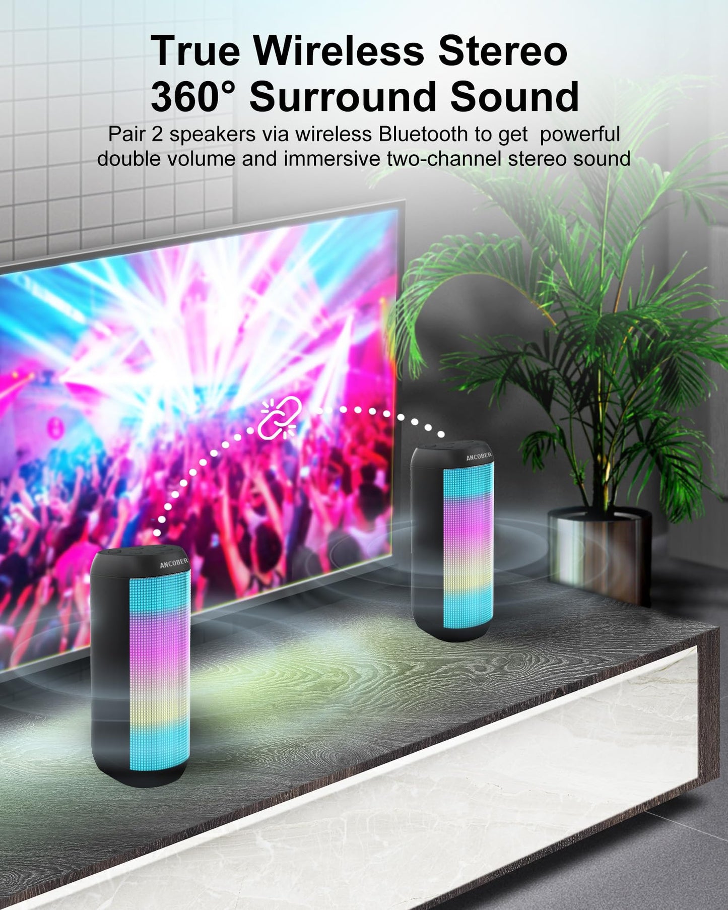 *Bluetooth Speaker with Cool Lights Stocking Stuffers for Men Women Teens Boys Girls, Portable Wireless, IPX4 Waterproof, White Elephant Gifts for Adults, HD Sound, TWS Pair, for Home/Party/Outdoor