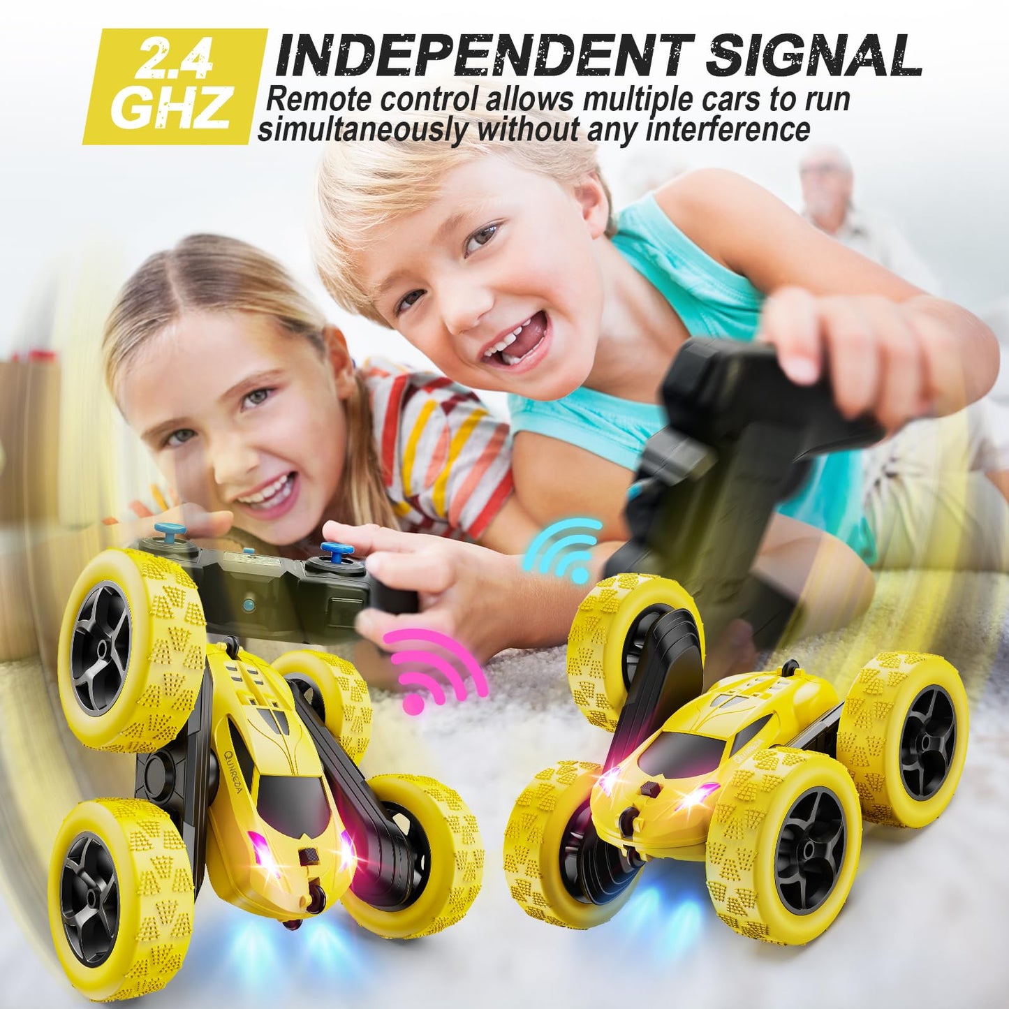 Remote Control-4WD Stunt Car with LED Lights & 360° Flips-2.4GHz-Upgraded USB-C Modular Batteries