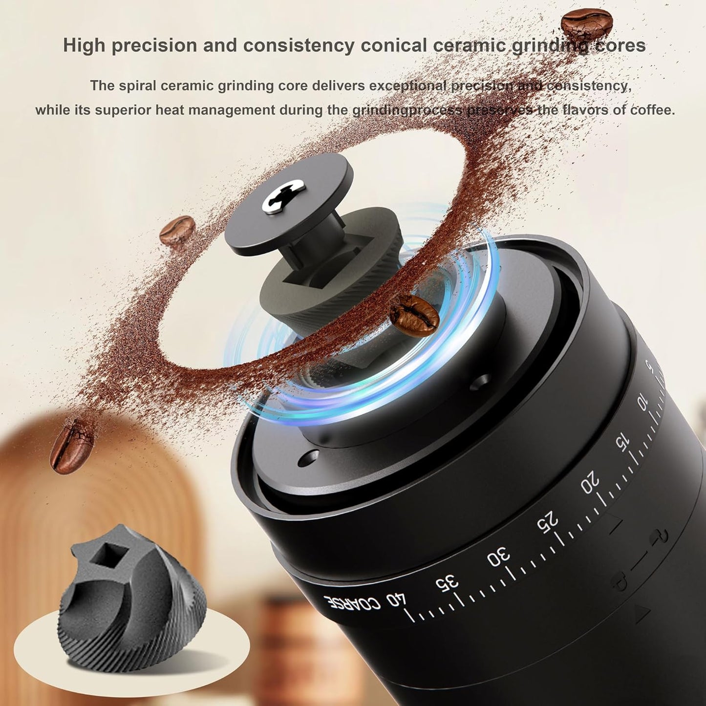 •Portable Battery Powered Burr Coffee Grinder with 40 Adjustable Settings and 35g Capacity, 1800mAh Rechargeable Coffee Bean Grinder with Conical Ceramic Burr for Travel, Camping, Office, Espresso etc