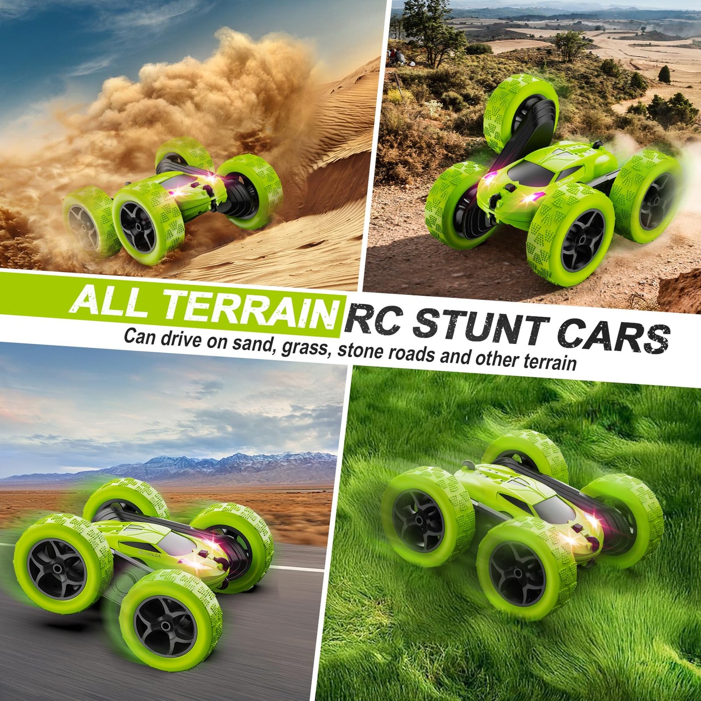 Remote Control-4WD Stunt Car with LED Lights & 360° Flips-2.4GHz-Upgraded USB-C Modular Batteries