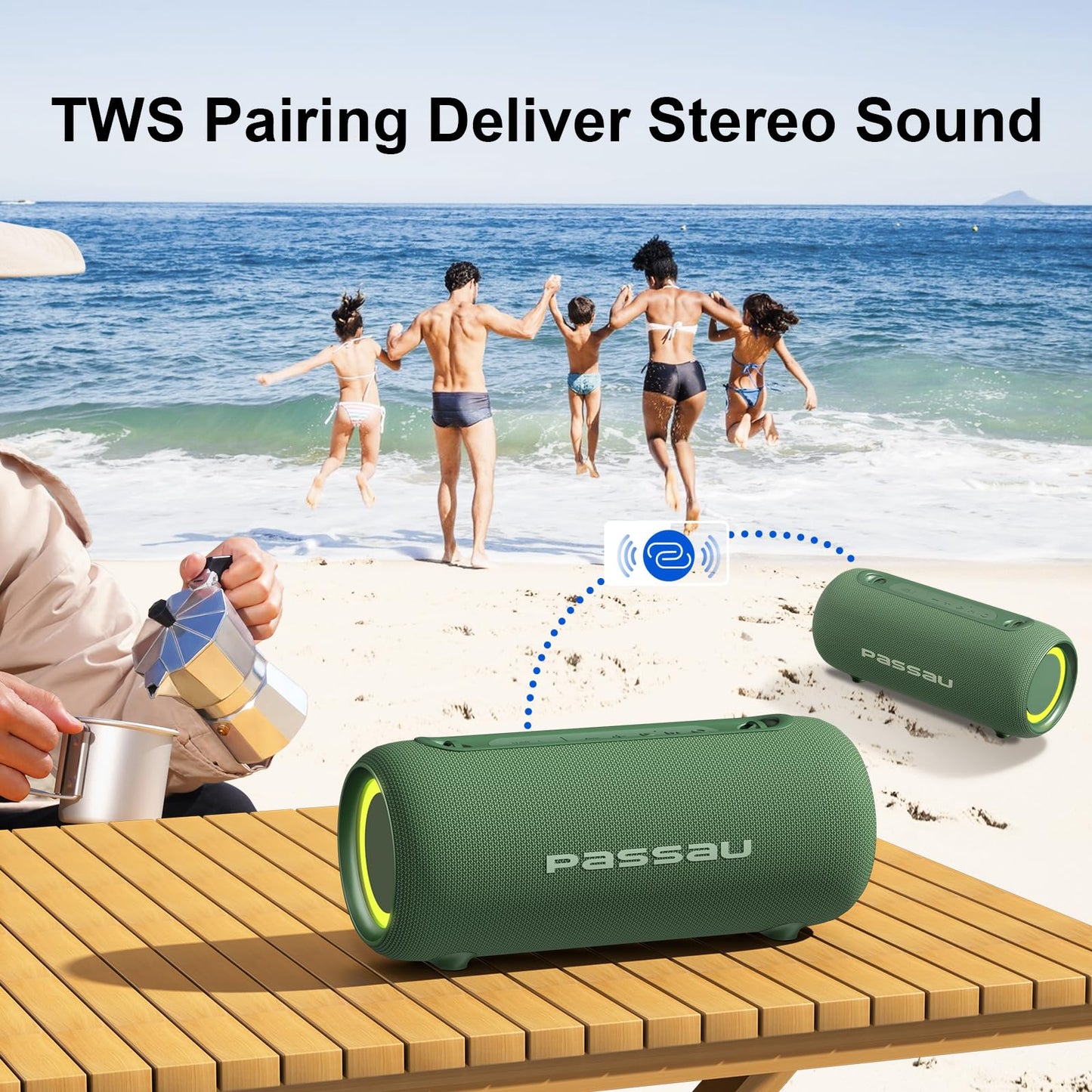 *Passau Portable Bluetooth Speakers 40W Peak Loud Stereo Sound, Passive Radiators-Deep Bass, All Day Playtime, Adjustable Strap, BT5.3, IPX5 Wireless Speaker RGB Lights for Indoor Outdoor-Green》