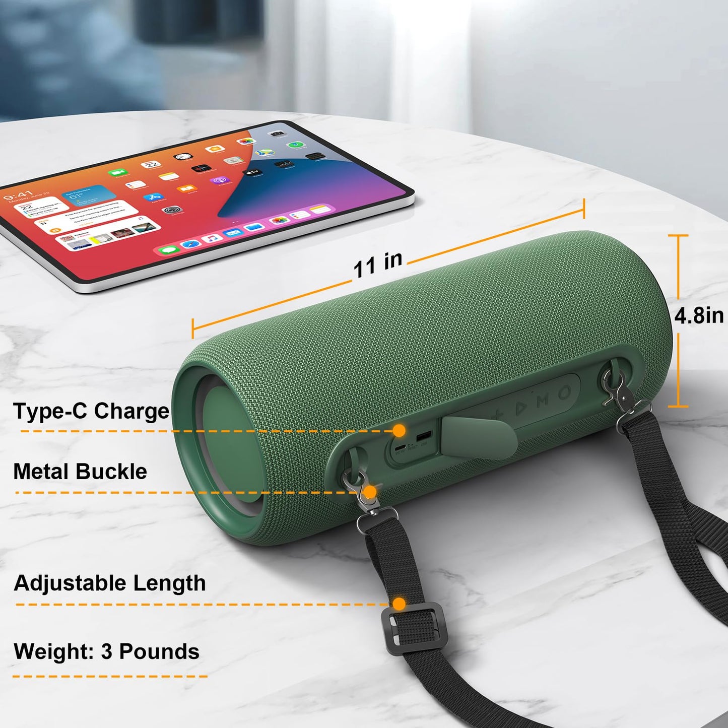 *Passau Portable Bluetooth Speakers 40W Peak Loud Stereo Sound, Passive Radiators-Deep Bass, All Day Playtime, Adjustable Strap, BT5.3, IPX5 Wireless Speaker RGB Lights for Indoor Outdoor-Green》