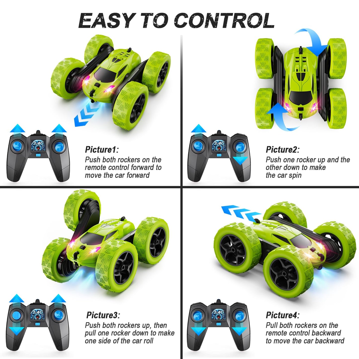 Remote Control-4WD Stunt Car with LED Lights & 360° Flips-2.4GHz-Upgraded USB-C Modular Batteries