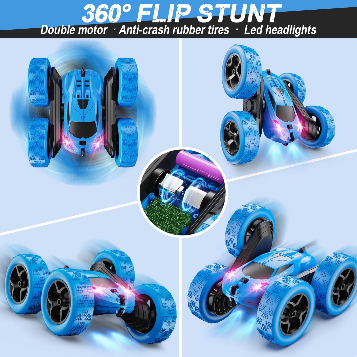 Remote Control-4WD Stunt Car with LED Lights & 360° Flips-2.4GHz-Upgraded USB-C Modular Batteries
