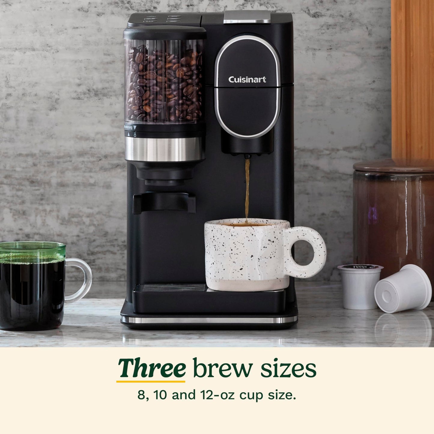 •Cuisinart Single-Serve Coffee Maker + Coffee Grinder with 8, 10, and 12 oz. Serving Size, Compatible with Single-Cup Pods, 48-Ounce Removable Reservoir, Stainless Steel, DGB-2SS