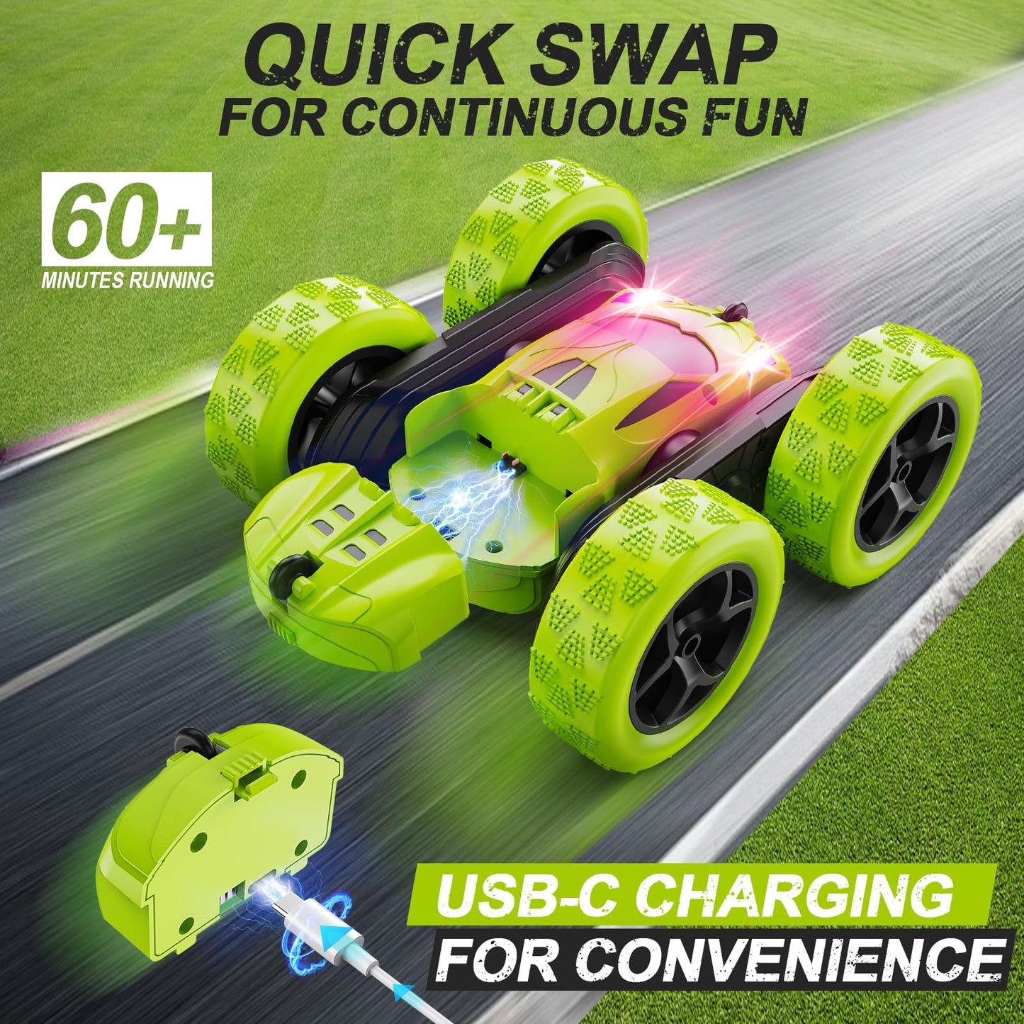 Remote Control-4WD Stunt Car with LED Lights & 360° Flips-2.4GHz-Upgraded USB-C Modular Batteries