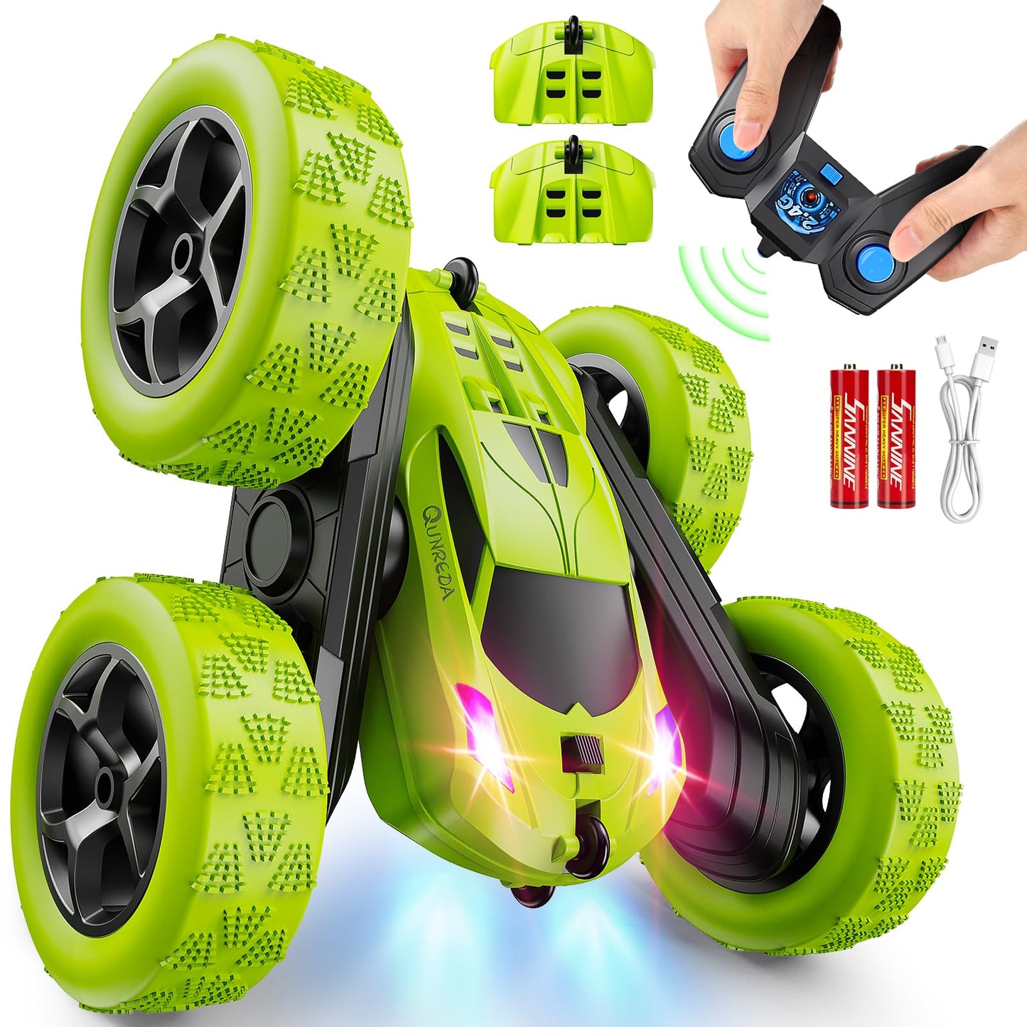 Remote Control-4WD Stunt Car with LED Lights & 360° Flips-2.4GHz-Upgraded USB-C Modular Batteries