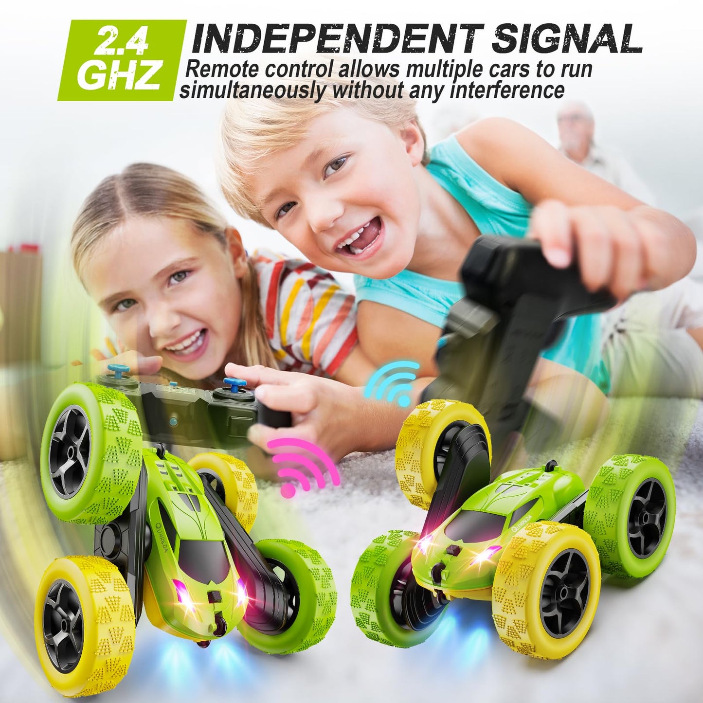 Remote Control-4WD Stunt Car with LED Lights & 360° Flips-2.4GHz-Upgraded USB-C Modular Batteries