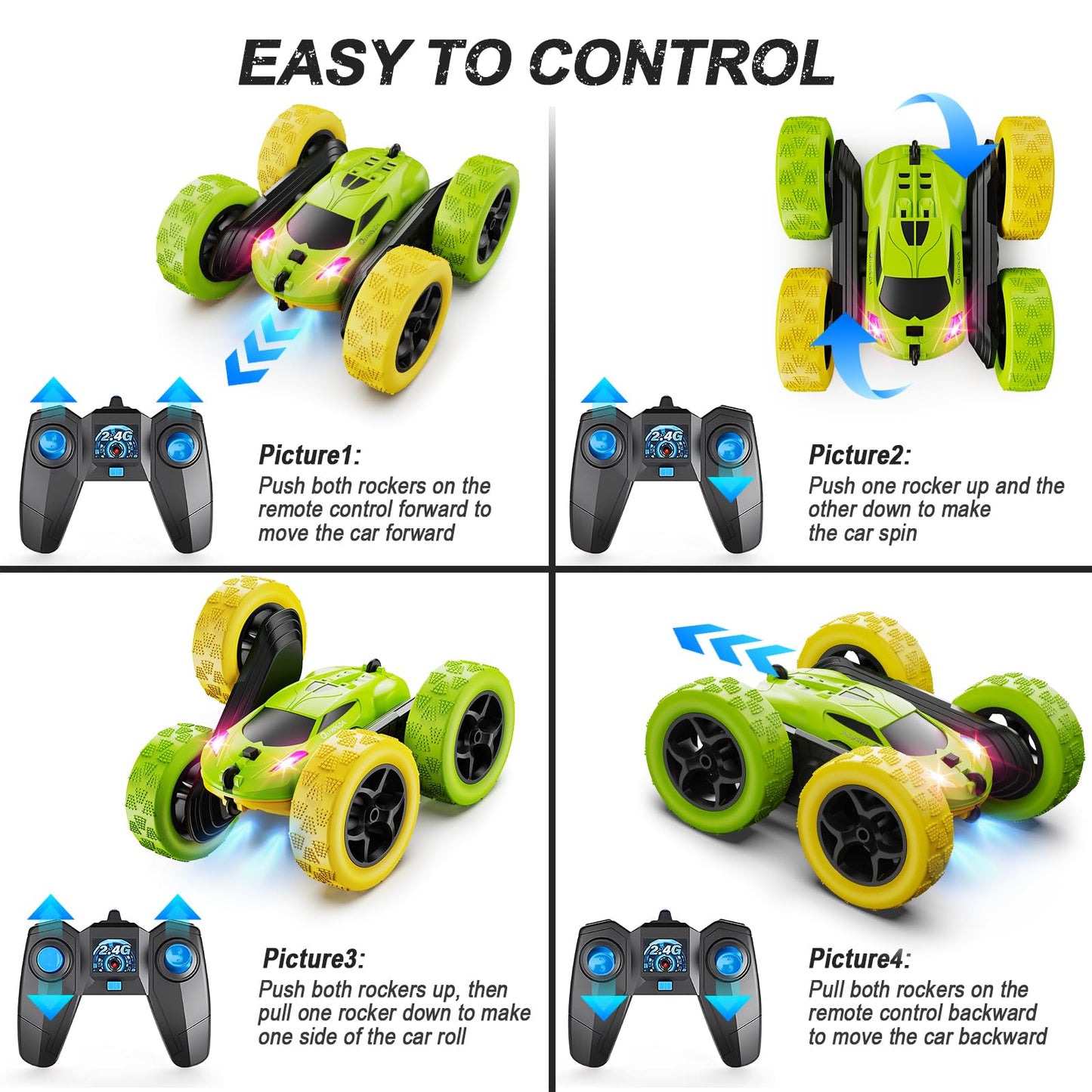 Remote Control-4WD Stunt Car with LED Lights & 360° Flips-2.4GHz-Upgraded USB-C Modular Batteries