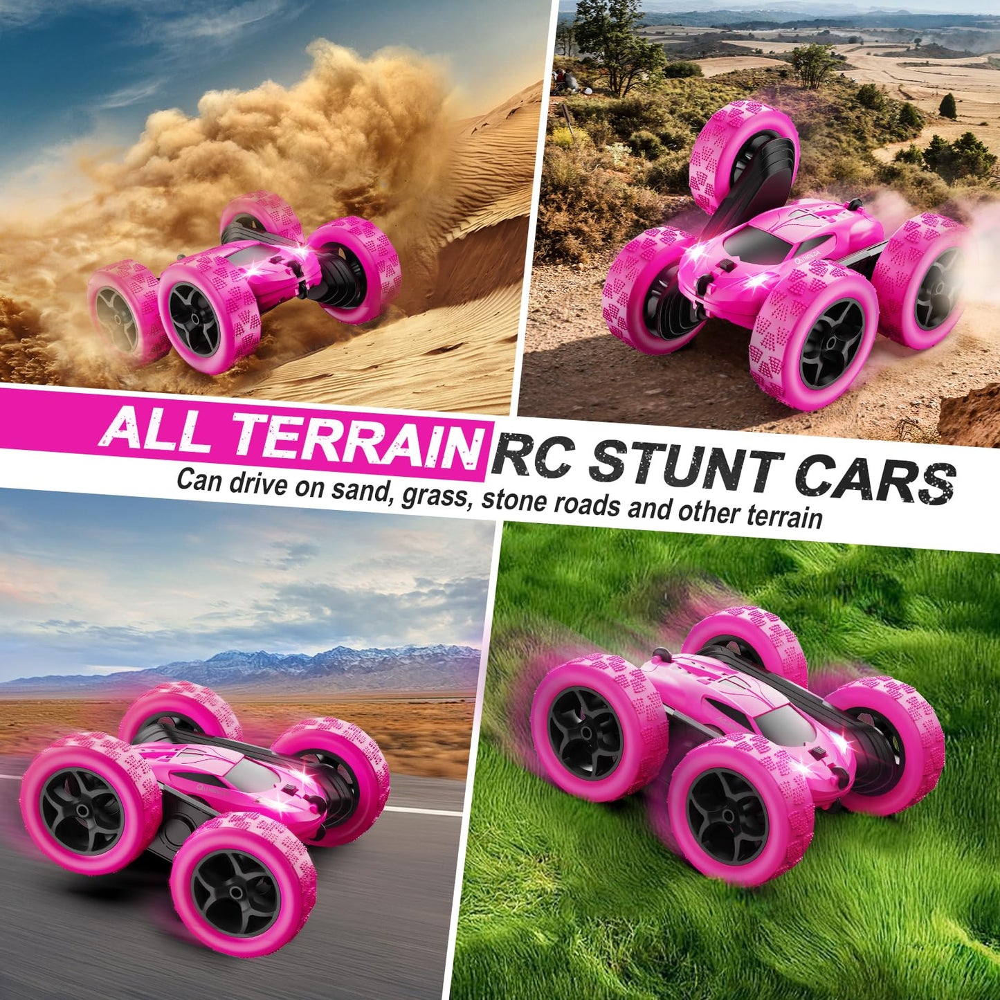 Remote Control-4WD Stunt Car with LED Lights & 360° Flips-2.4GHz-Upgraded USB-C Modular Batteries