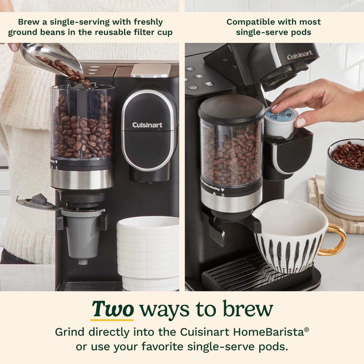 •Cuisinart Single-Serve Coffee Maker + Coffee Grinder with 8, 10, and 12 oz. Serving Size, Compatible with Single-Cup Pods, 48-Ounce Removable Reservoir, Stainless Steel, DGB-2SS