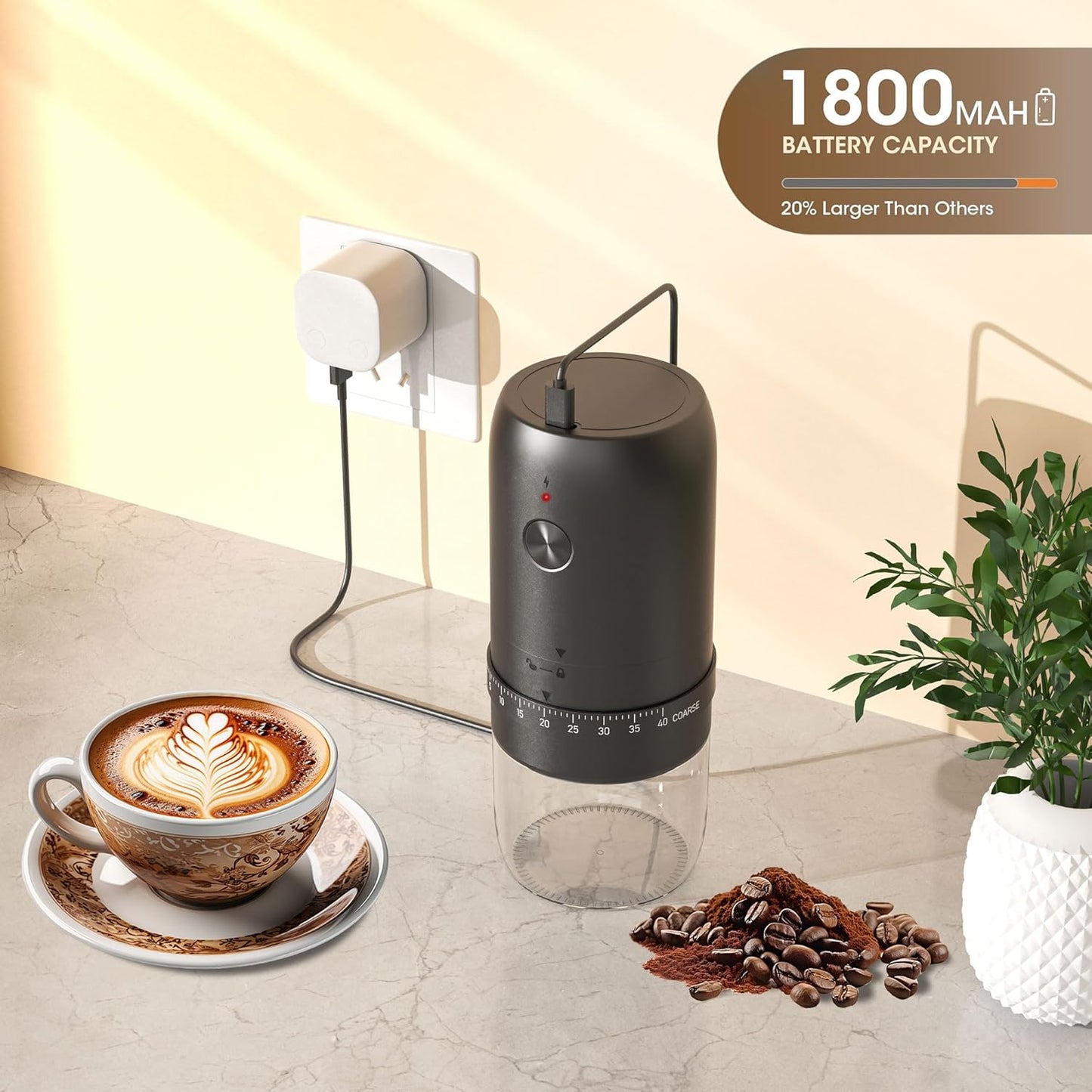 •Portable Battery Powered Burr Coffee Grinder with 40 Adjustable Settings and 35g Capacity, 1800mAh Rechargeable Coffee Bean Grinder with Conical Ceramic Burr for Travel, Camping, Office, Espresso etc