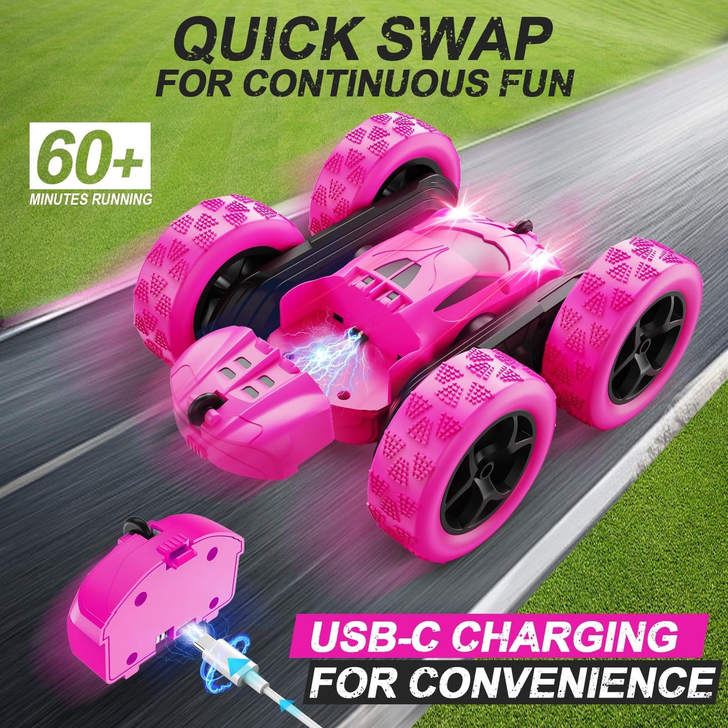 Remote Control-4WD Stunt Car with LED Lights & 360° Flips-2.4GHz-Upgraded USB-C Modular Batteries