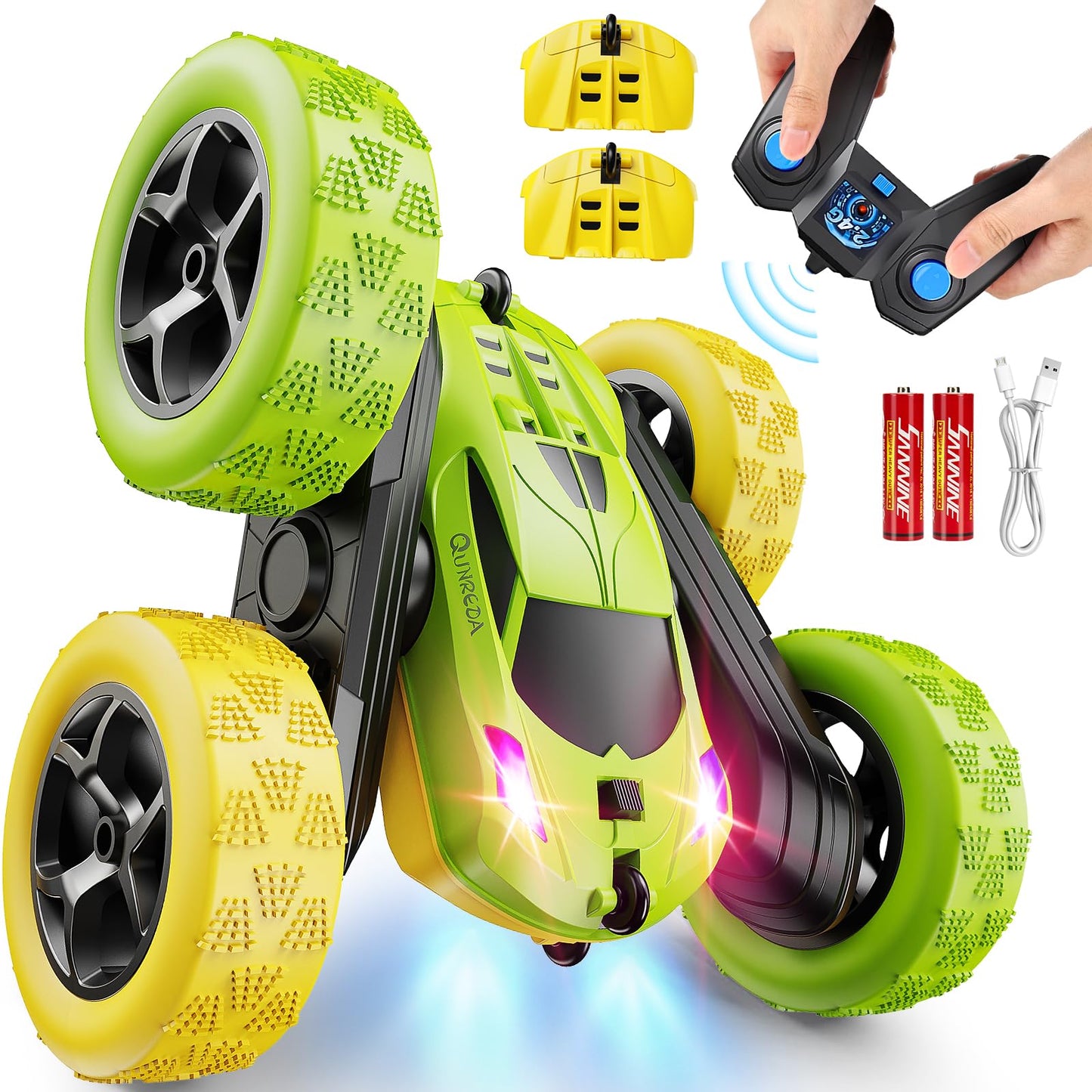 Remote Control-4WD Stunt Car with LED Lights & 360° Flips-2.4GHz-Upgraded USB-C Modular Batteries