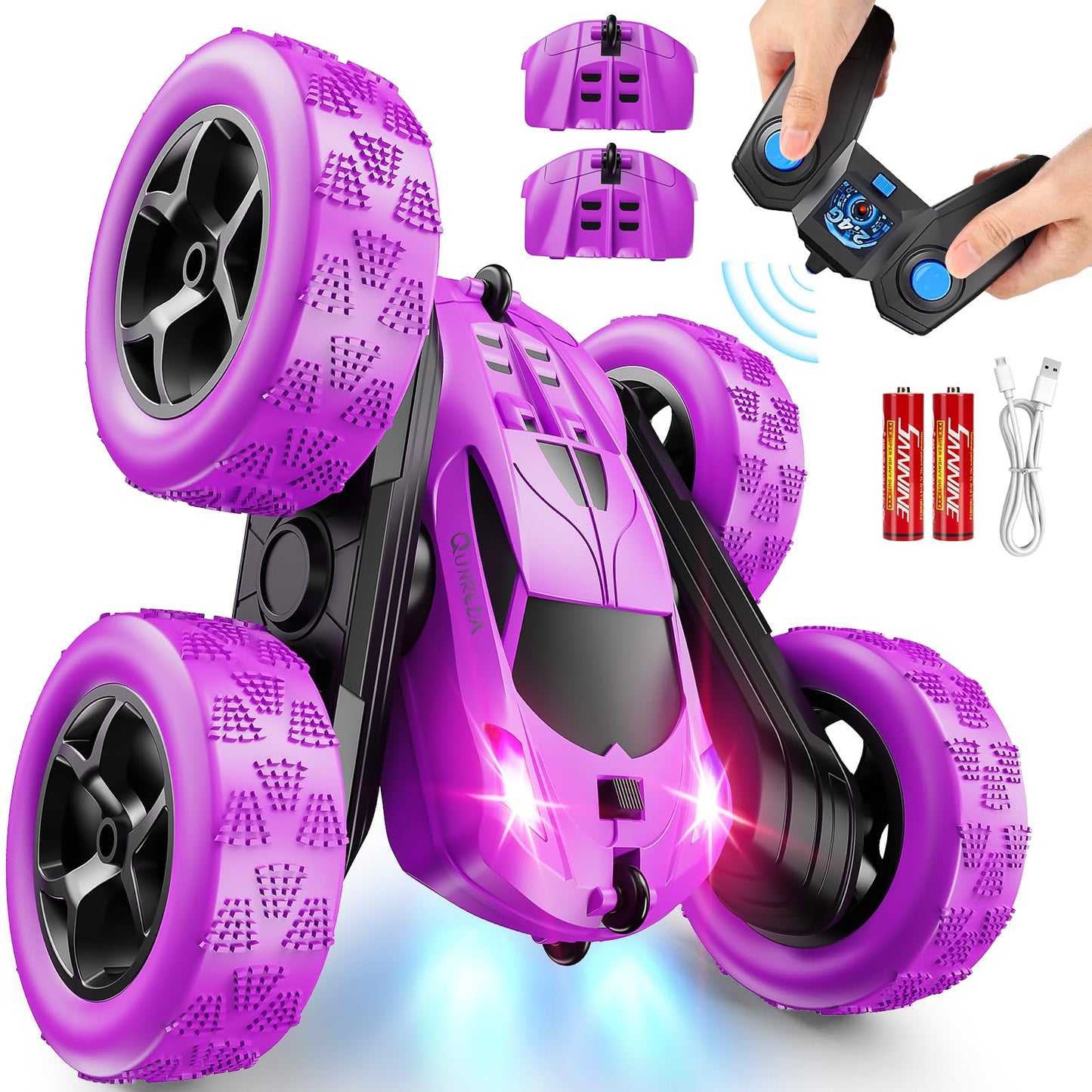 Remote Control-4WD Stunt Car with LED Lights & 360° Flips-2.4GHz-Upgraded USB-C Modular Batteries